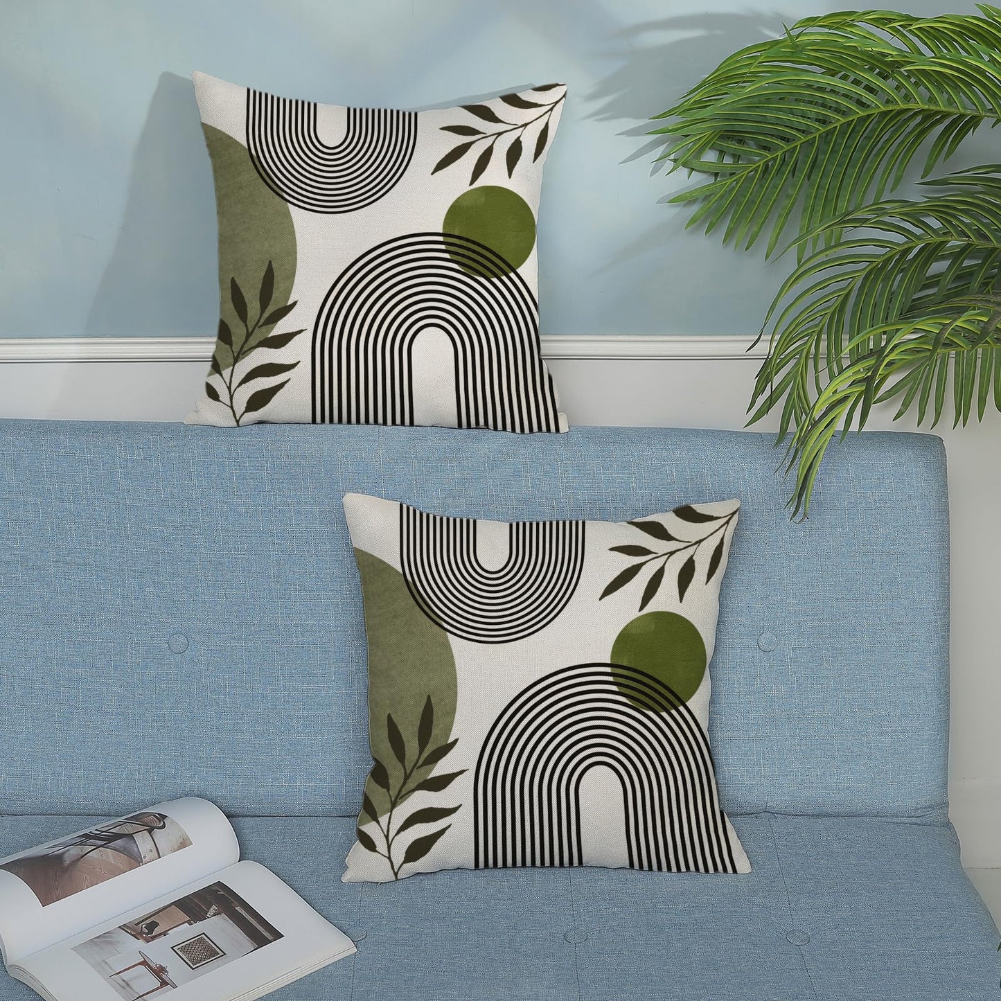 Boho Summer Pillow Covers 18x18 Inch 2 Pcs Sage Green Tropical Leaf Outdoor Decorative Throw Pillows, Mid Century Abstract Art Farmhouse Decor Pillowcase Linen Cushion Cover for Couch Sofa G-6