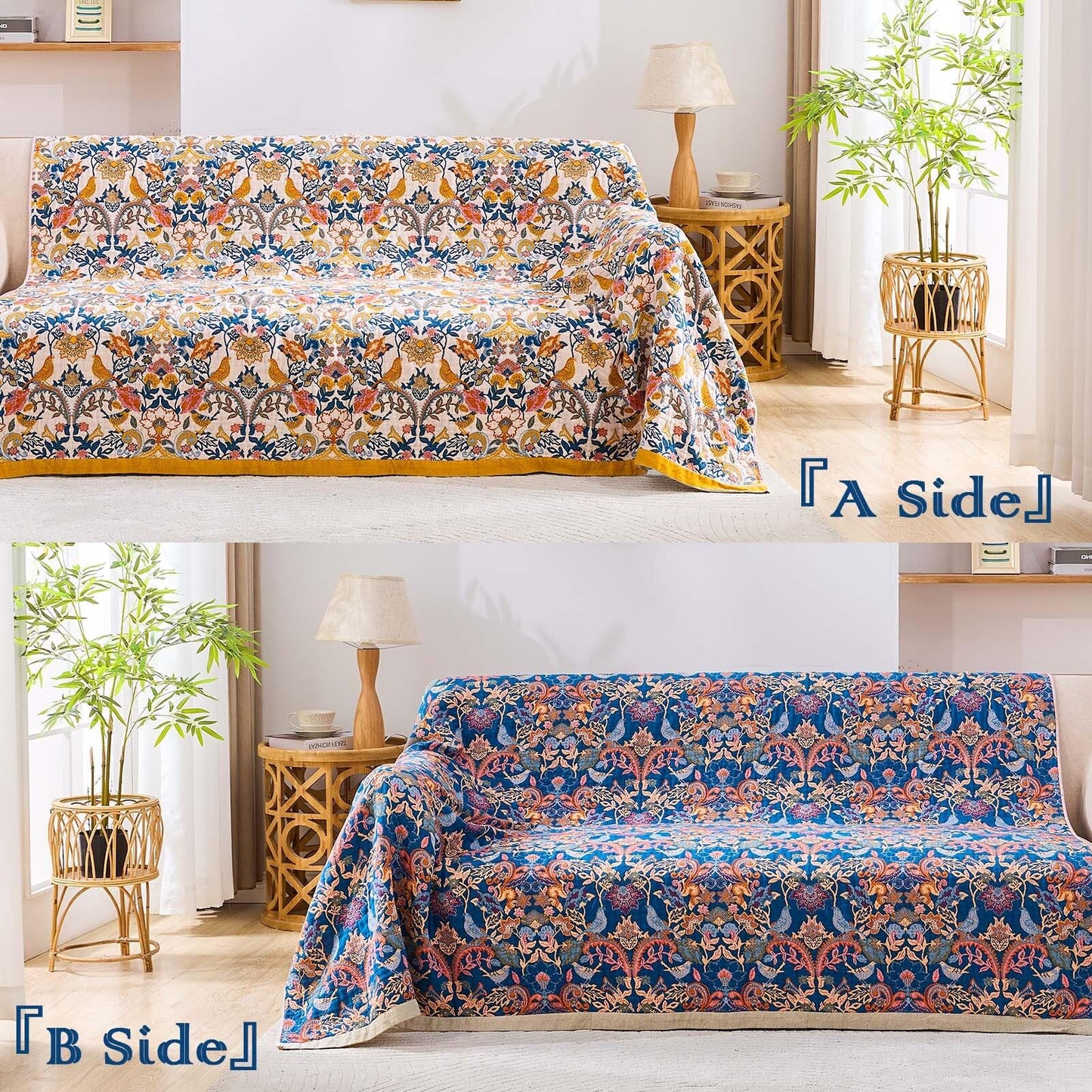 XIBLC Boho Blanket Throw Quilt, 100% Cotton Soft Light Weight Throw Blankets for Summer, 60"x80" Farmhouse Flower Decorative Blankets, All Season Rustic Reversible Bohemian Throw Quilt