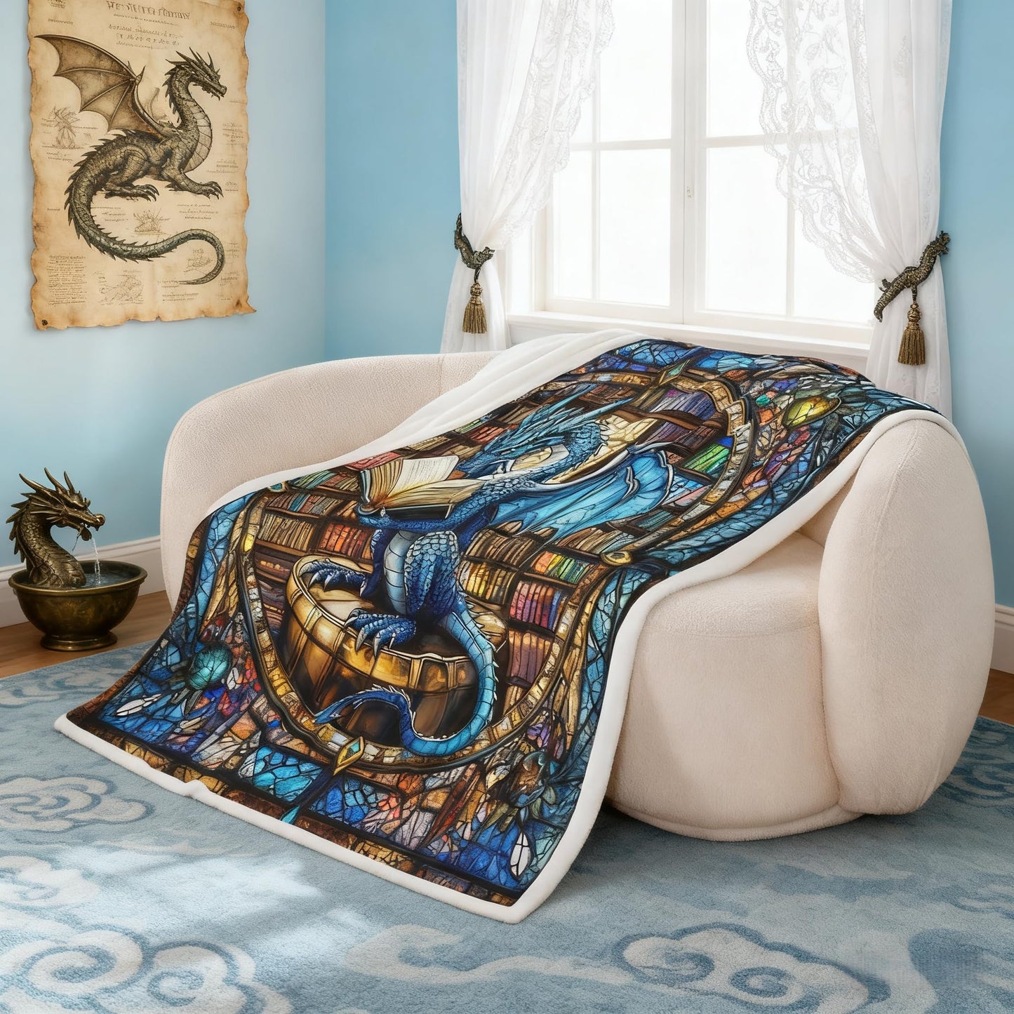 Western Dragon Kids Throw Blanket,Blue Dragon Reading Book Bookshelf Bed Blanket for Boys Girls,Geometric Patchwork Abstract Fleece Blanket,Trippy Chic Fuzzy Blanket,Throw Size (50 x 60 Inches)