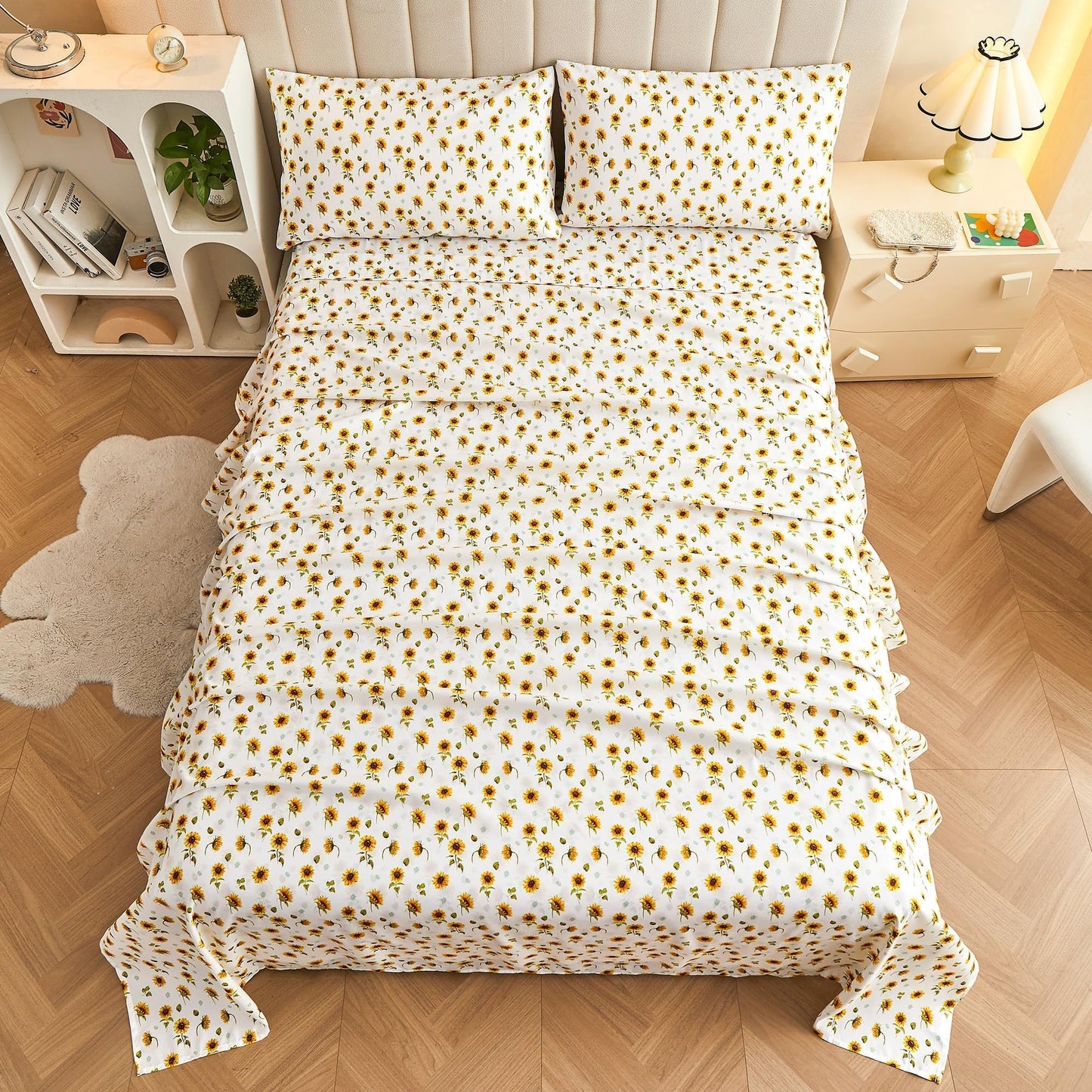 Softan Floral Sheet Set Full, Sunflower Printed Bed Sheets Double, Brushed Microfiber Fitted Sheet with 15" Deep Pocket & Non-Slip Straps, Yellow Flower Pattern Sheet & Pillowcase Sets