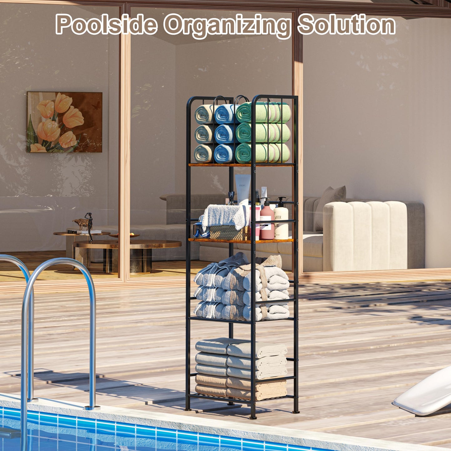 Towel Rack Free Standing 4-Tier M-Shaped Detachable Dividers, Durable Metal Towel Holder, Pool Items Holder, Space-Saving Storage Organizer, Modern Bath Towel Shelf for Bathroom Patent Pending
