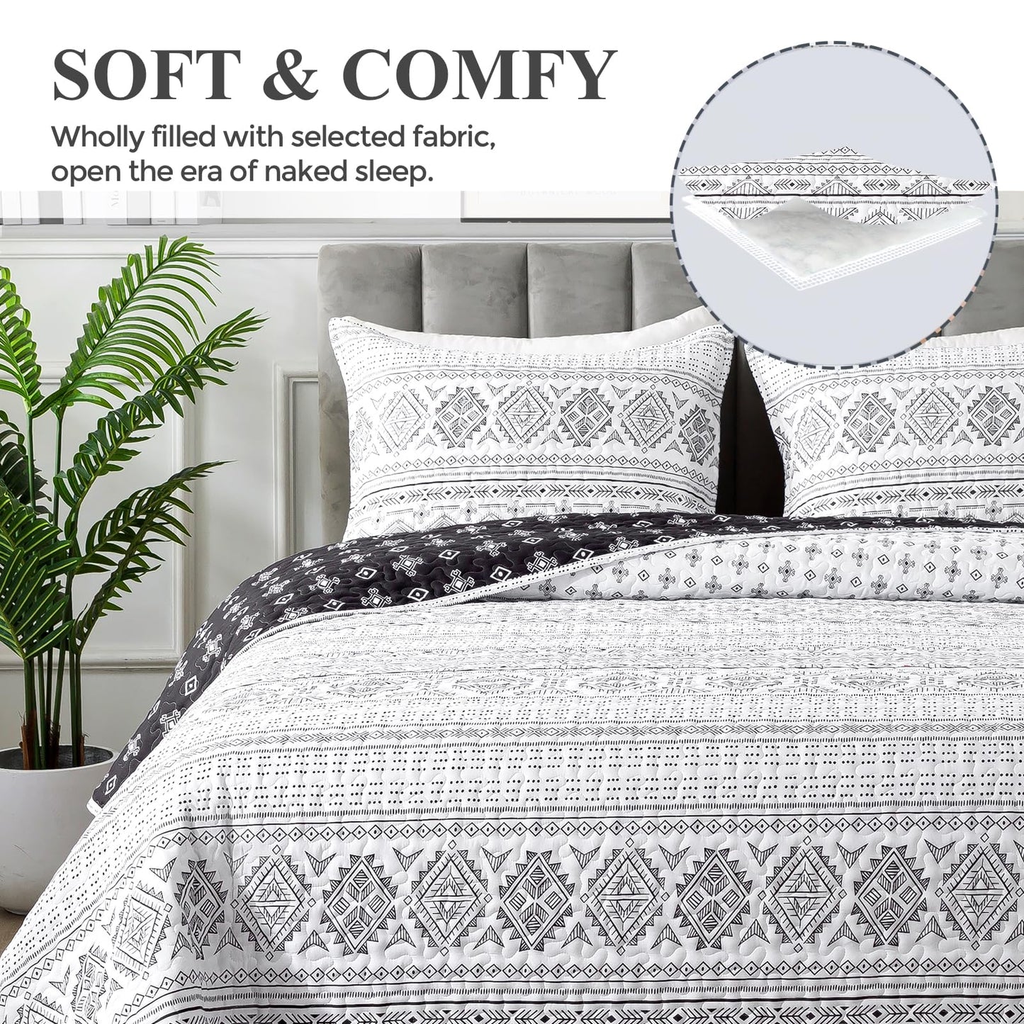 Andency Black White California King Quilt Set, 3 Pieces Boho Lightweight Soft Striped Cal King Bedspread for All Season (112"x104"), Printed Bohemian Polyester Reversible Coverlet Comforter Sets