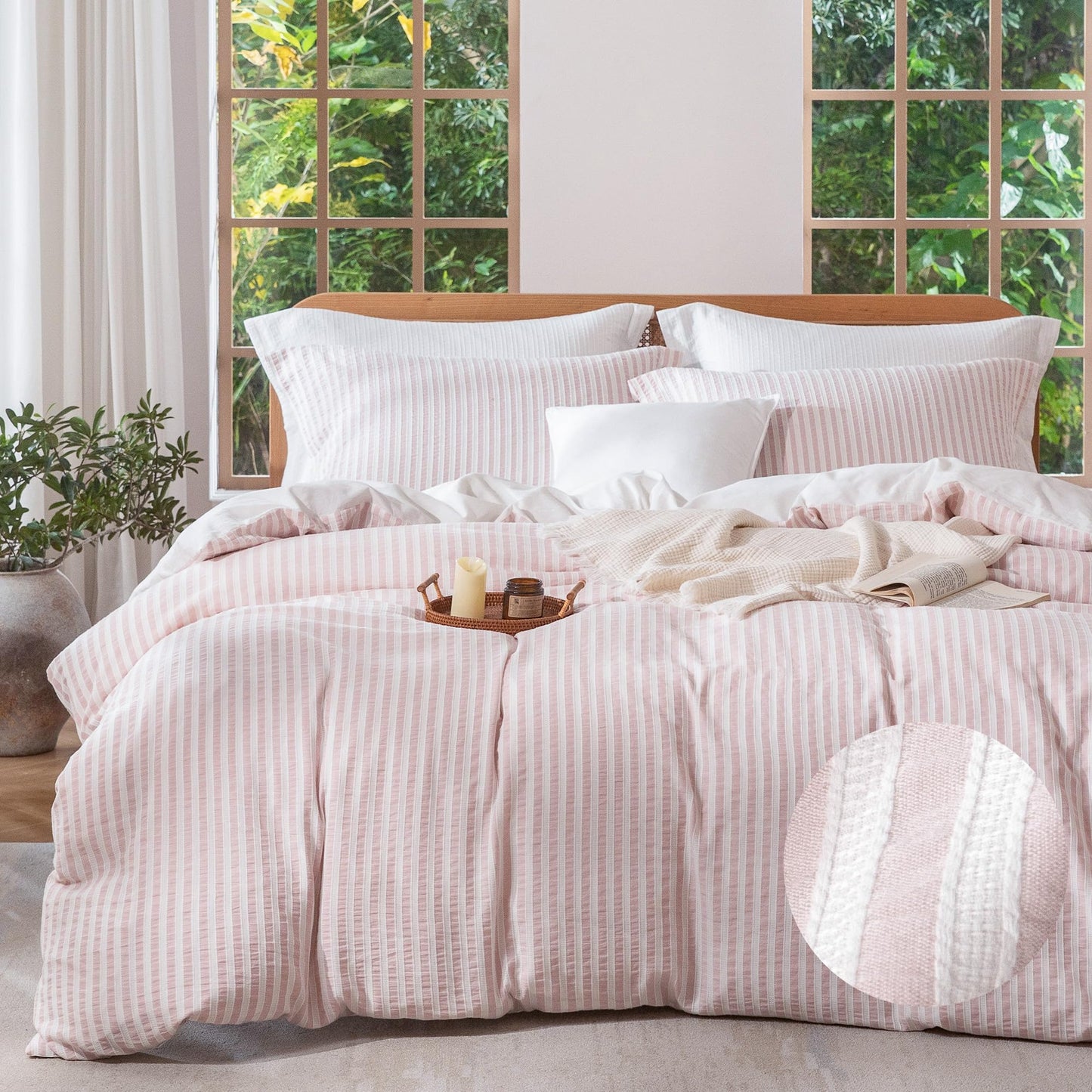 MILDLY Pink Striped Duvet Cover - 100% Washed Cotton Boho Jacquard Textured Comforter Cover Set 3pcs with Dual Zipper Closure & 8 Corner Ties Soft & Lightweight for All Season 90"x90"
