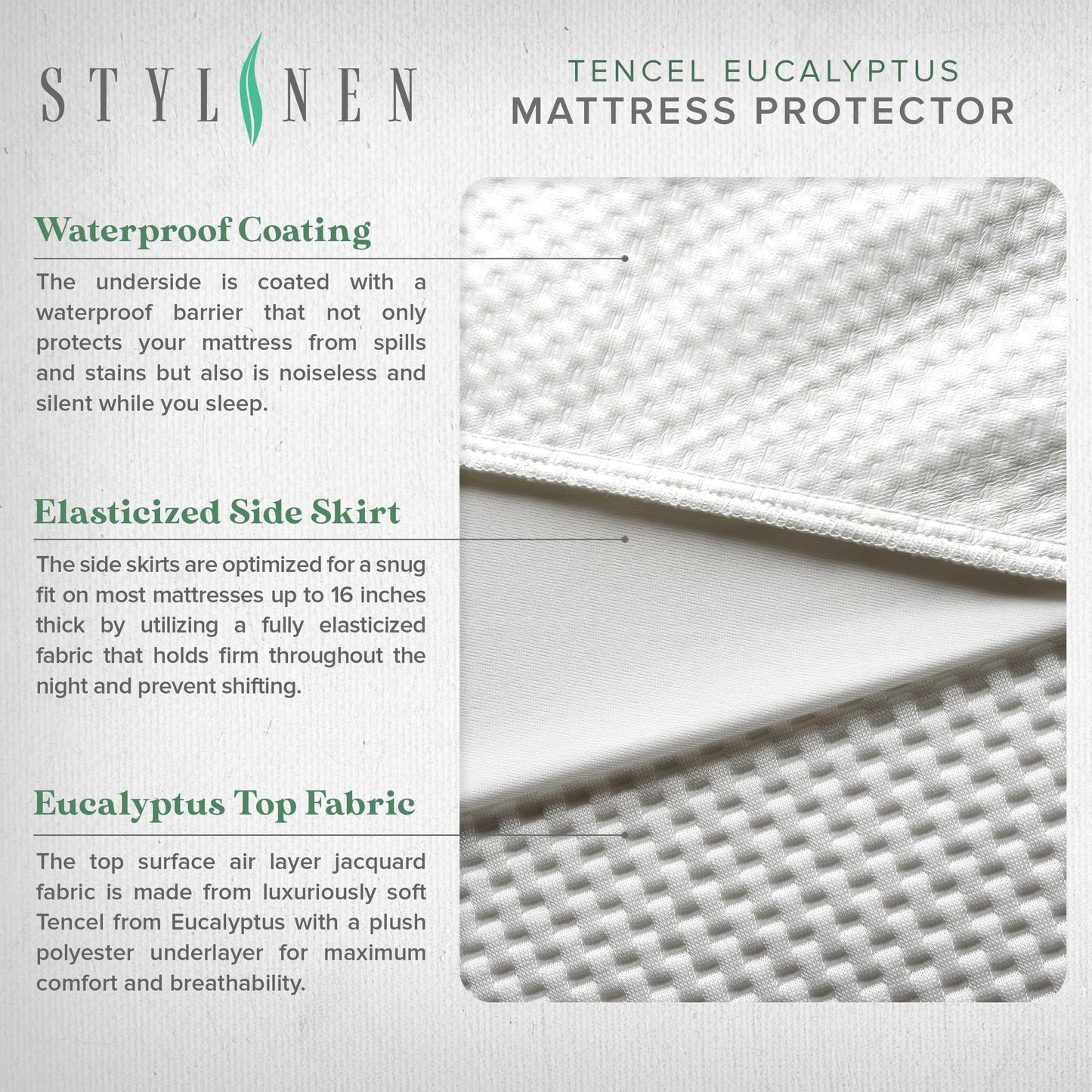 STYLINEN Tencel Eucalyptus Waterproof Mattress Protector - 100% Waterproof, Ultra Soft & Cooling with 16 Deep Pockets, Noiseless Protection from Stains & Spills (Queen)