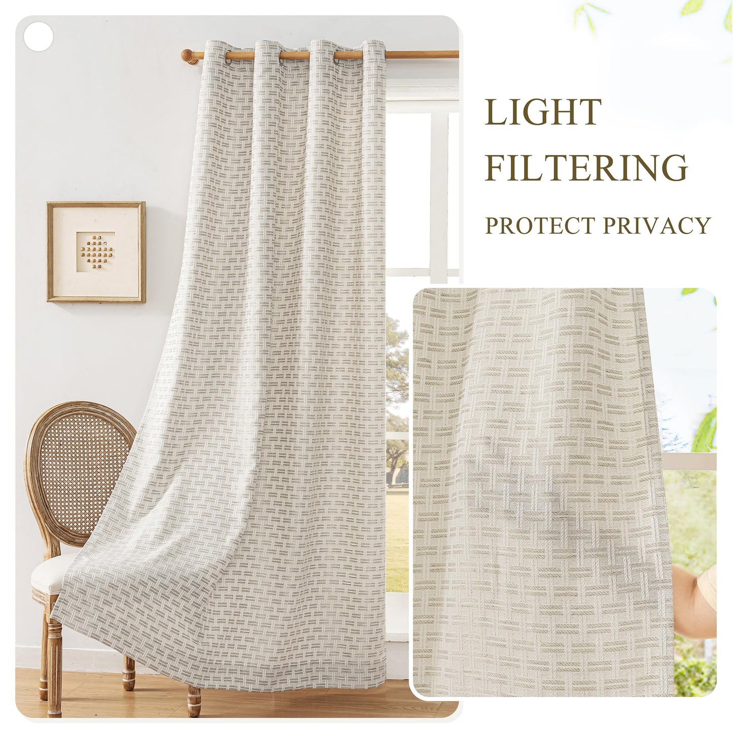 ChrisDowa Semi Sheer Natural Linen Curtains 84 Inches Long 2 Panels for Living Room Dining Room Plaid Patterned Light Filtering Voile Grommet Window Treatments Drapes Privacy Assured,52X84