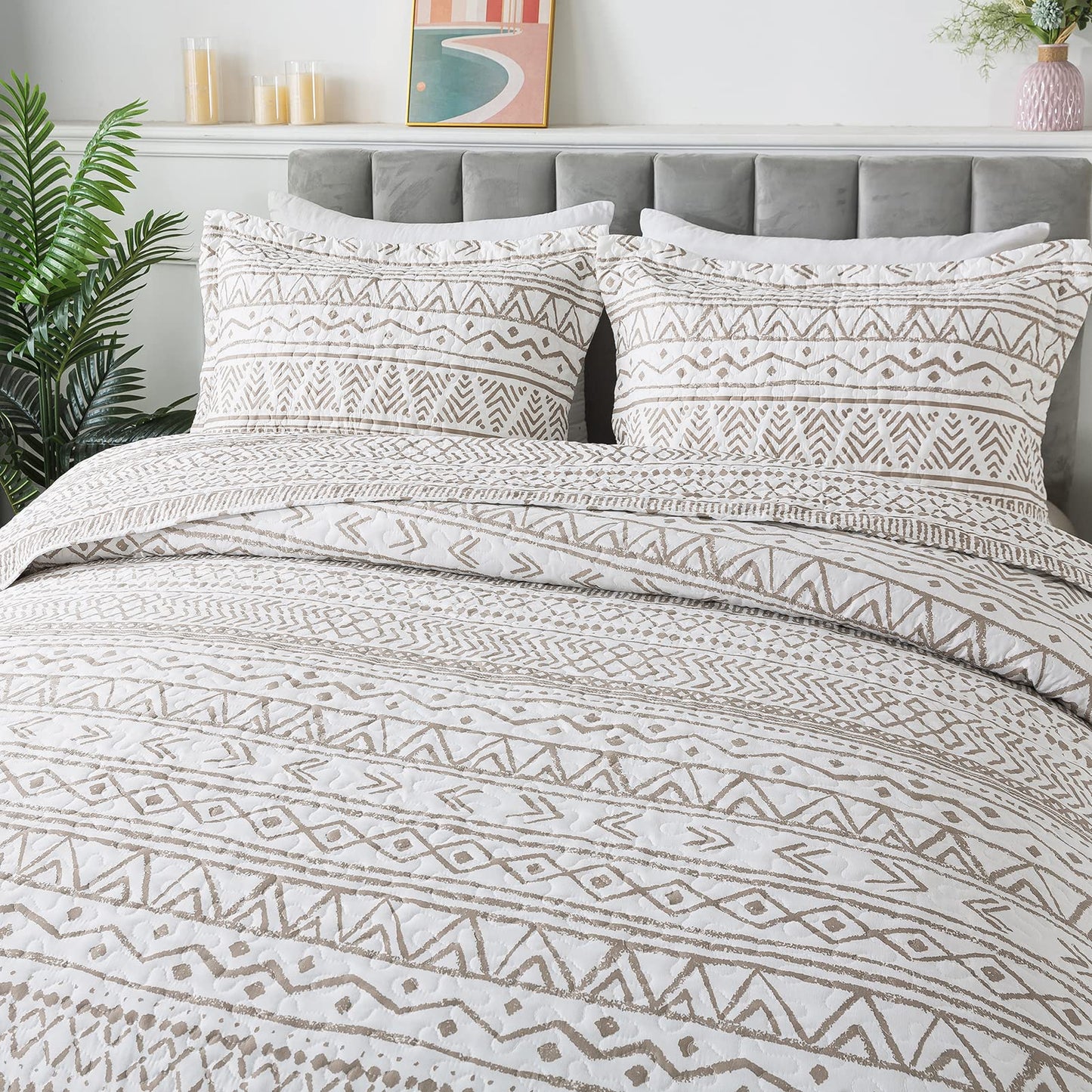 Travan 3-Piece King Quilt Set Striped Pattern Microfiber Soft Lightweight Bedding Set with Shams for All Season, Cream Strips, King Size