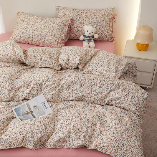Pink Floral Comforter Set Queen, Aesthetic Botanical Flowers Comforter with 2 Bow Ties Pillowcases, Lightweight Cute Girls Floral Bedding Comforter Vintage Cottagecore Comforter Set for All Season