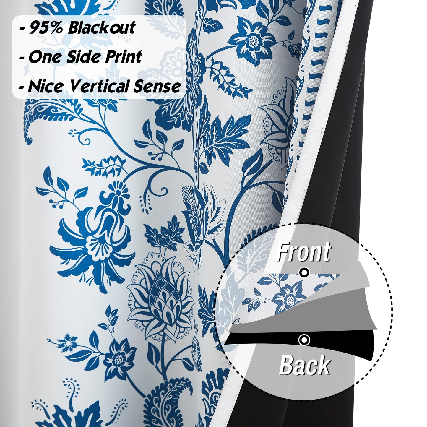 Jubilantex Botanical Blackout Window Curtain 95" Long Noise Reducing Thermal Insulated Window Treatments for Bedroom Grommet 52" W,Navy/Greyish White