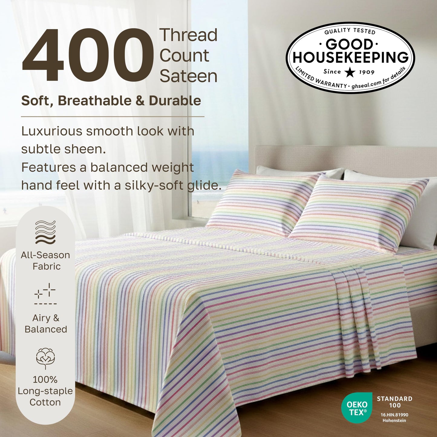 California Design Den Soft Queen Size 100% Cotton Sheet Sets, 400 TC Good Housekeeping Award Winner, Smooth Sateen Finish with Deep Pockets, Cozy and Durable Queen Bedding Set - Rainbow Stripe