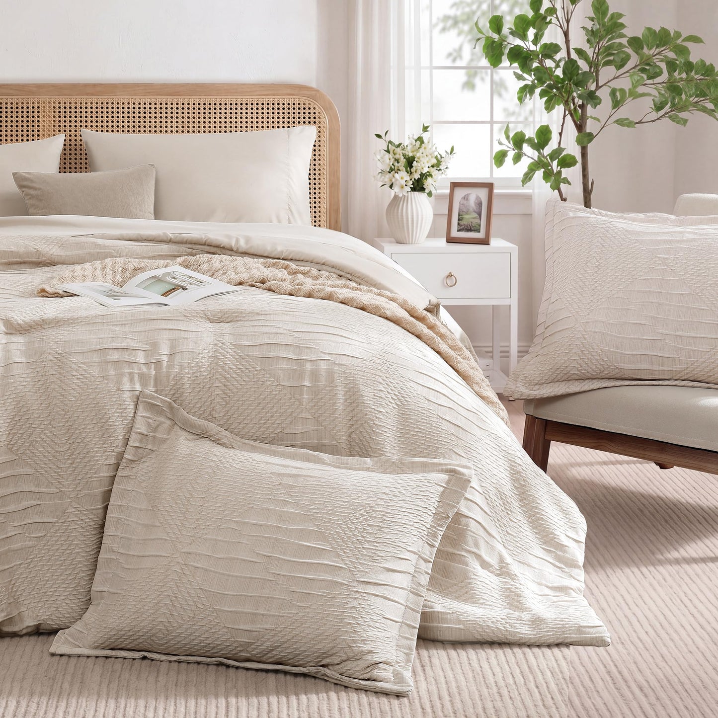 MaiRêve Queen Comforter Set Beige, Crinkle Textured Design Boho Bedding Set 7 Pieces Bed in A Bag, All Season Geometric Comforter Set with Sheets, Pillowcases & Shams