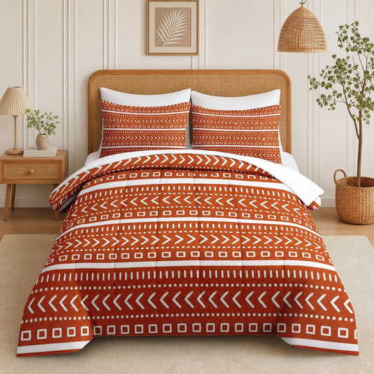 Boewywh Comforter Set Twin Size Boho Aztec Southwestern 7 Pcs, Bedding for Kids and Adults, Geometric Orange Bed Sheet Sets with Fitted Sheet 2 Pillowcases & 2 Shams for Bedroom Bed Decor