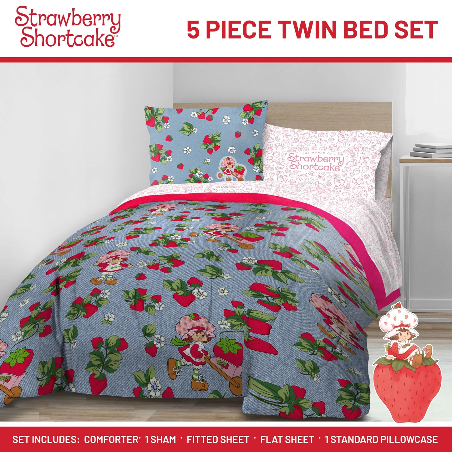 Jay Franco Kids Comforter Set Includes Sheets and Pillow Covers - Soft and Cozy Bed Set for Stylish Room Decor, Blue - Strawberry Shortcake. 5 Piece Twin Size Bedding