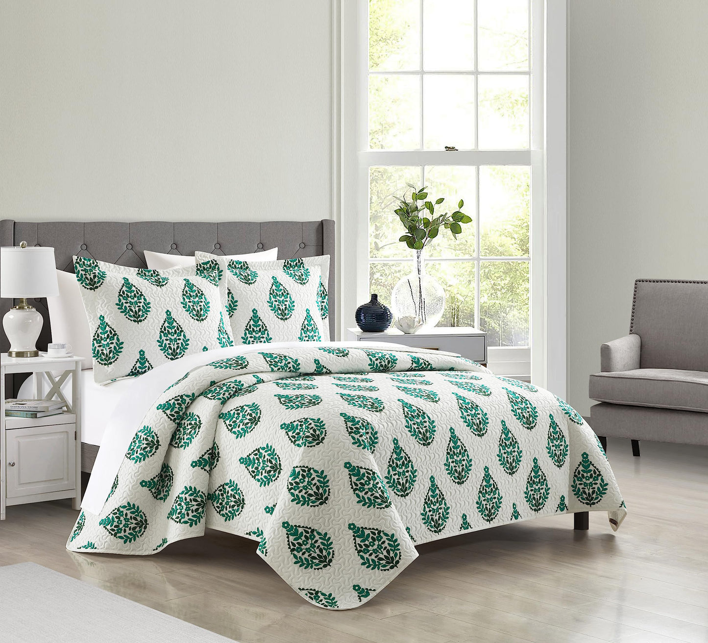 Chic Home Breana 3 Piece Quilt Set Floral Medallion Print Design Bedding - Pillow Shams Included, Queen, Green