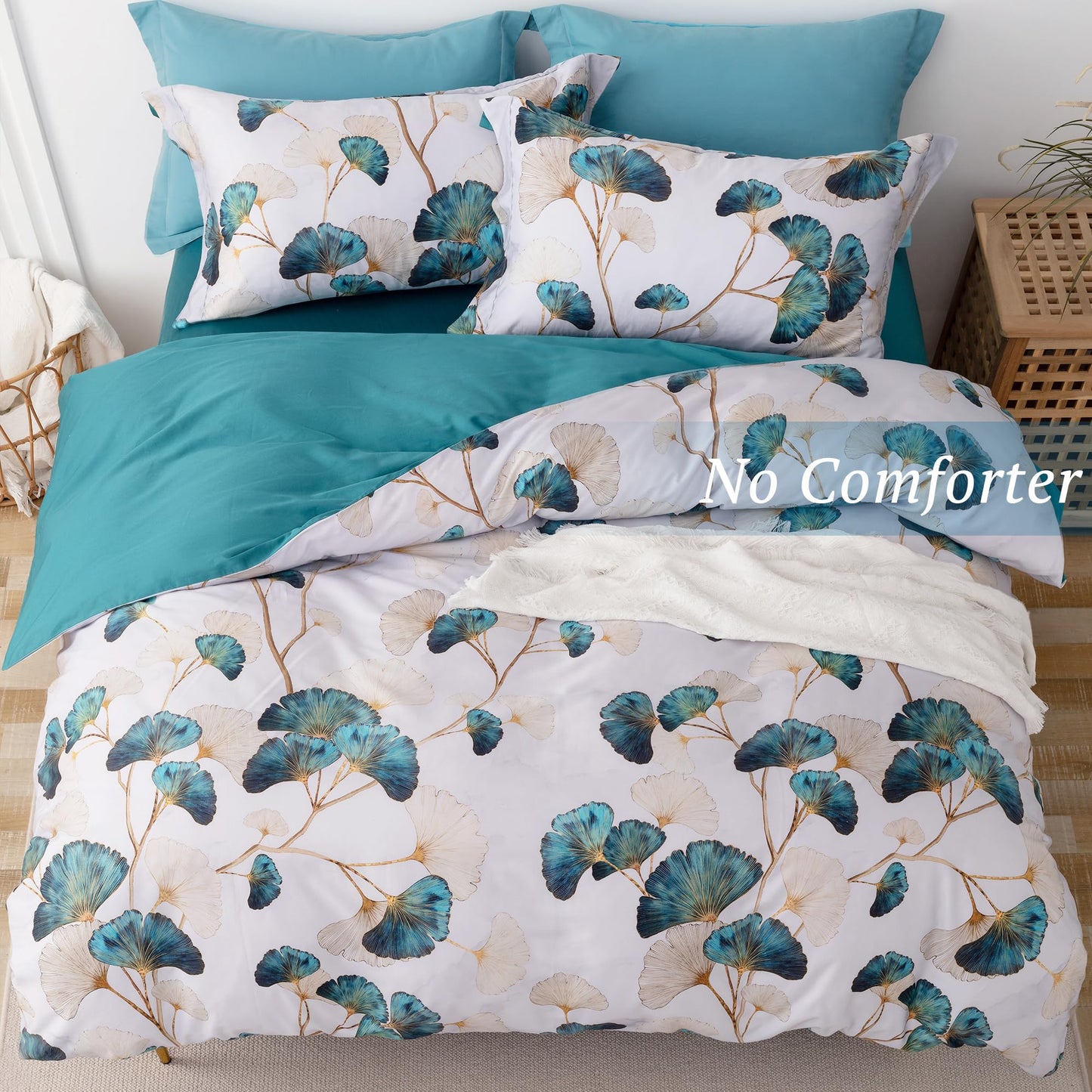 MILDLY 100% Long-Staple Cotton Duvet Cover Set Teal Green Gingko Leaf Pattern Printed Comforter Cover 3pcs, Ultra Soft & Breathable Bedding Set