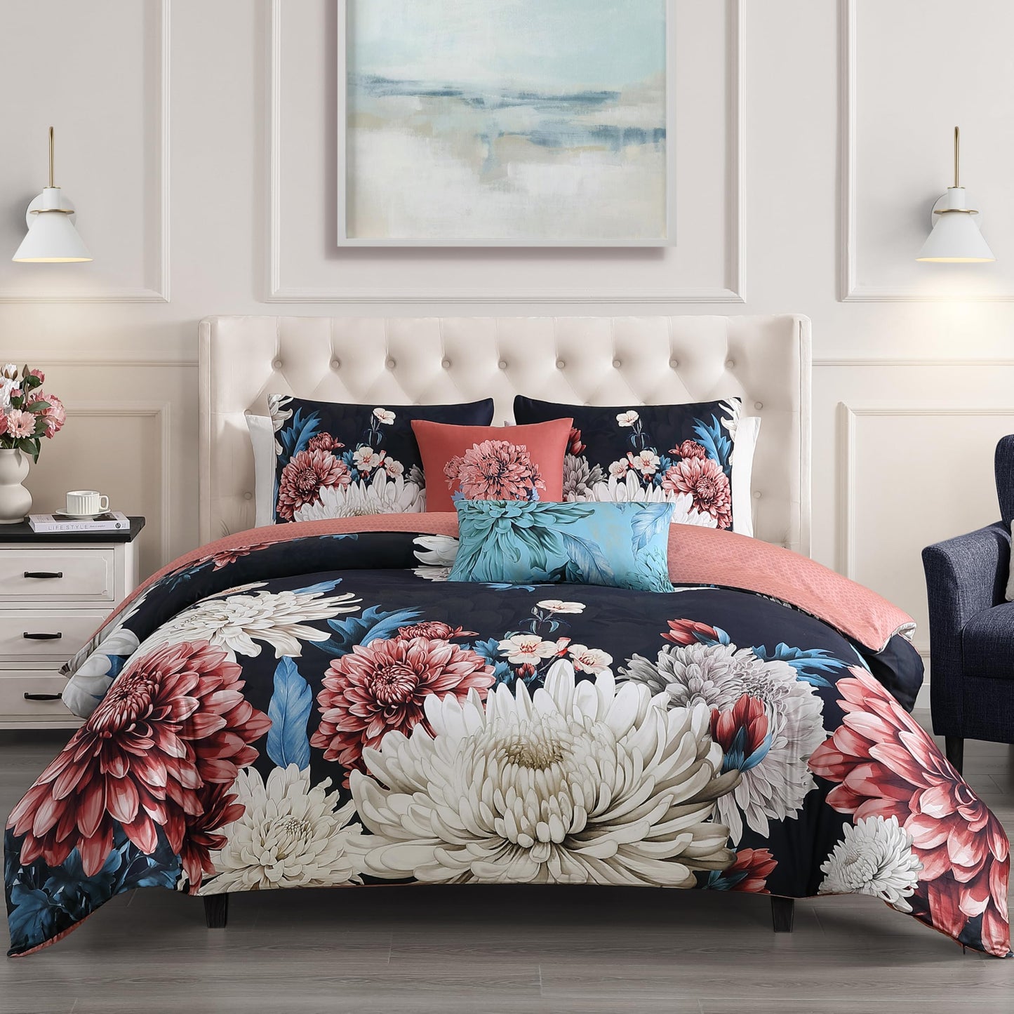 Bebejan Navy Mums 5 Piece Comforter Set, 100% Cotton Sateen, 220 Thread Count, Blue Reversible Bedding Comforter Set, 1 Comforter, 2 Shams & 2 Pillows (King/Cal King)