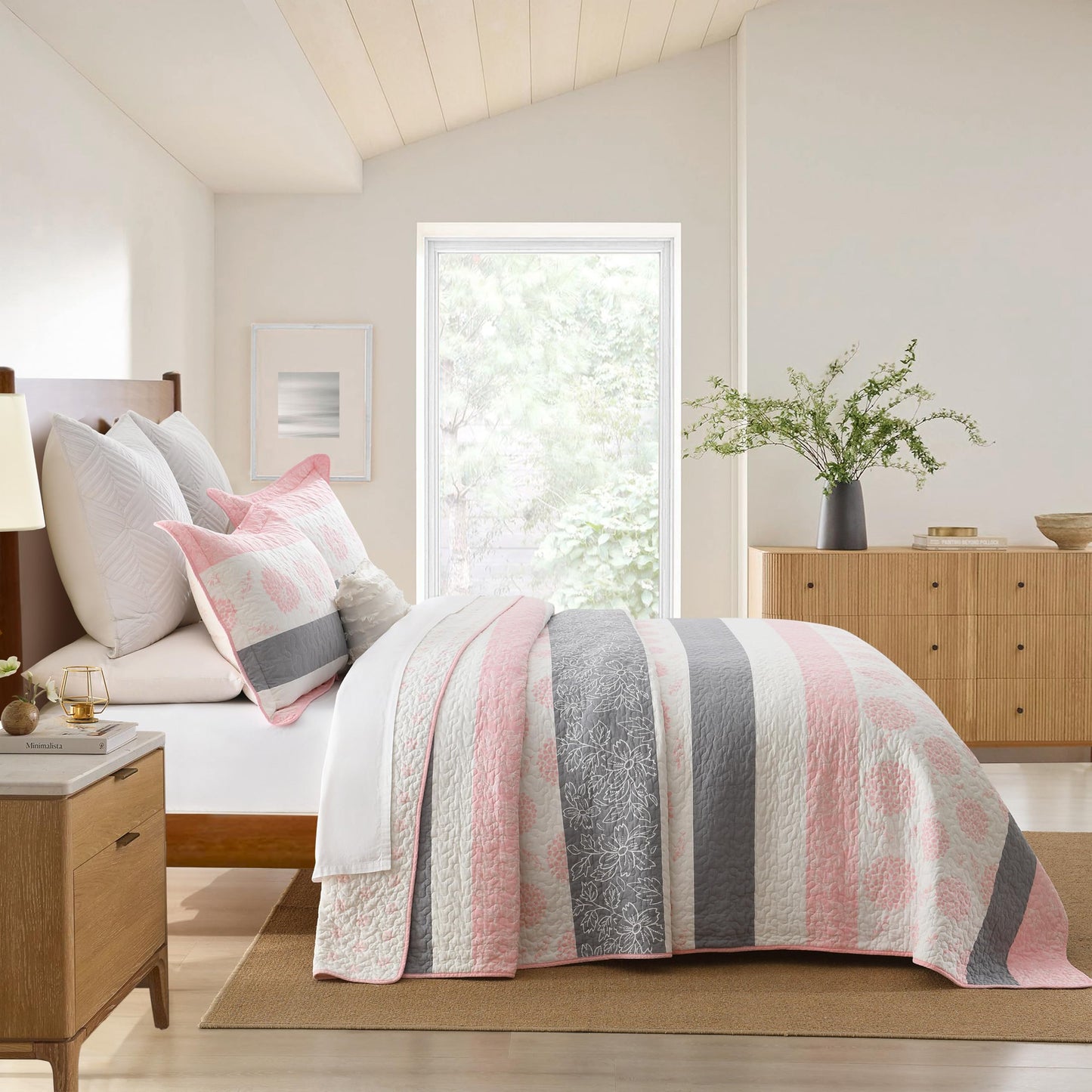 Homzard 100% Cotton Quilts Queen Size, Floral Pink Comforter Set Queen Size,Pink White Grey Bedding Set,Lightweight Floral Pattern Bedspread Set 3 Piece All Season Coverlet