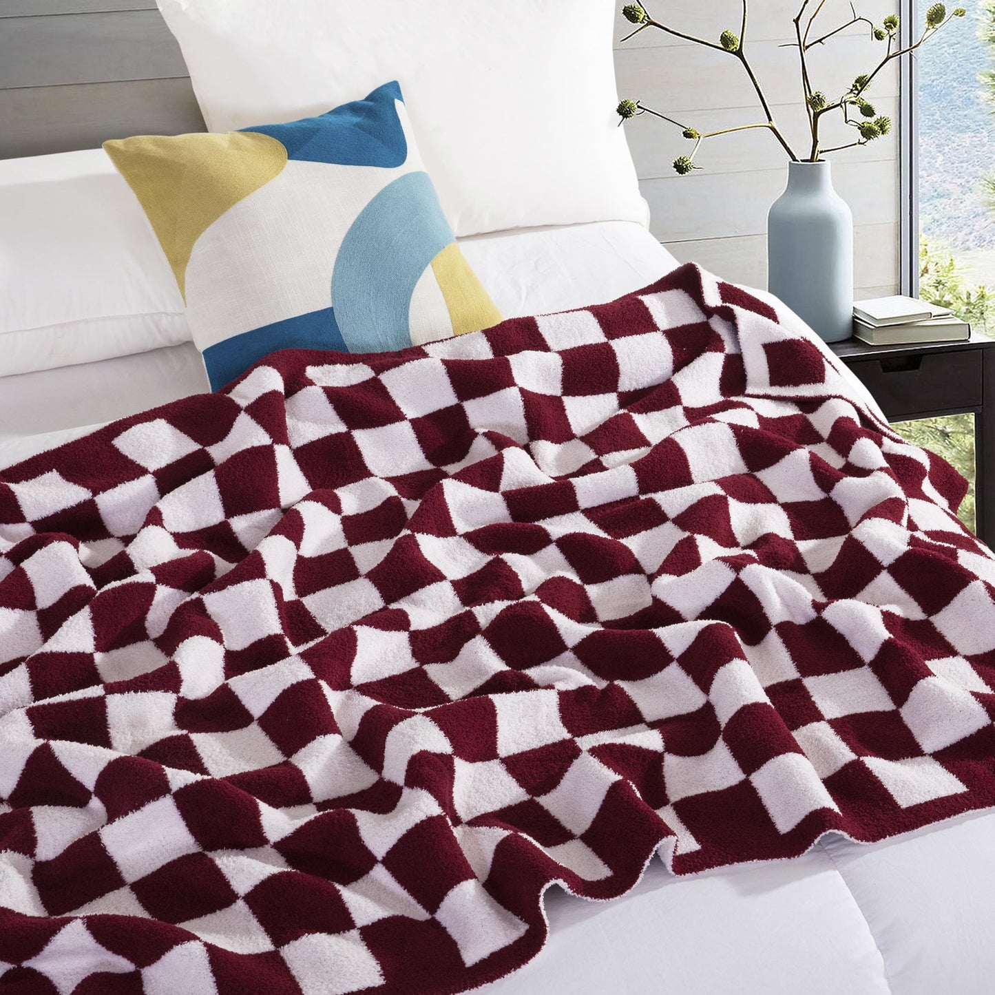 Elegant Comfort Checkered Throw Blanket, Burgundy Super Soft Cozy Fluffy Warm Throw Blankets for Couch, Sofa, Chair, Bed, Camping, Picnic, Travel Lightweight Bed Blanket (50" x 70")