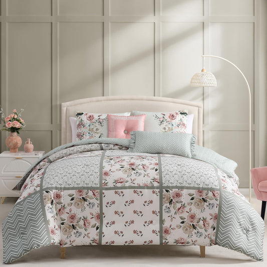 Bebejan Sage Serenity 5 Piece Reversible Comforter Set, 100% Cotton Sateen, 220 Thread Count, Bedding Comforter Set, 1 Comforter, 2 Shams & 2 Pillows (King/Cal King)