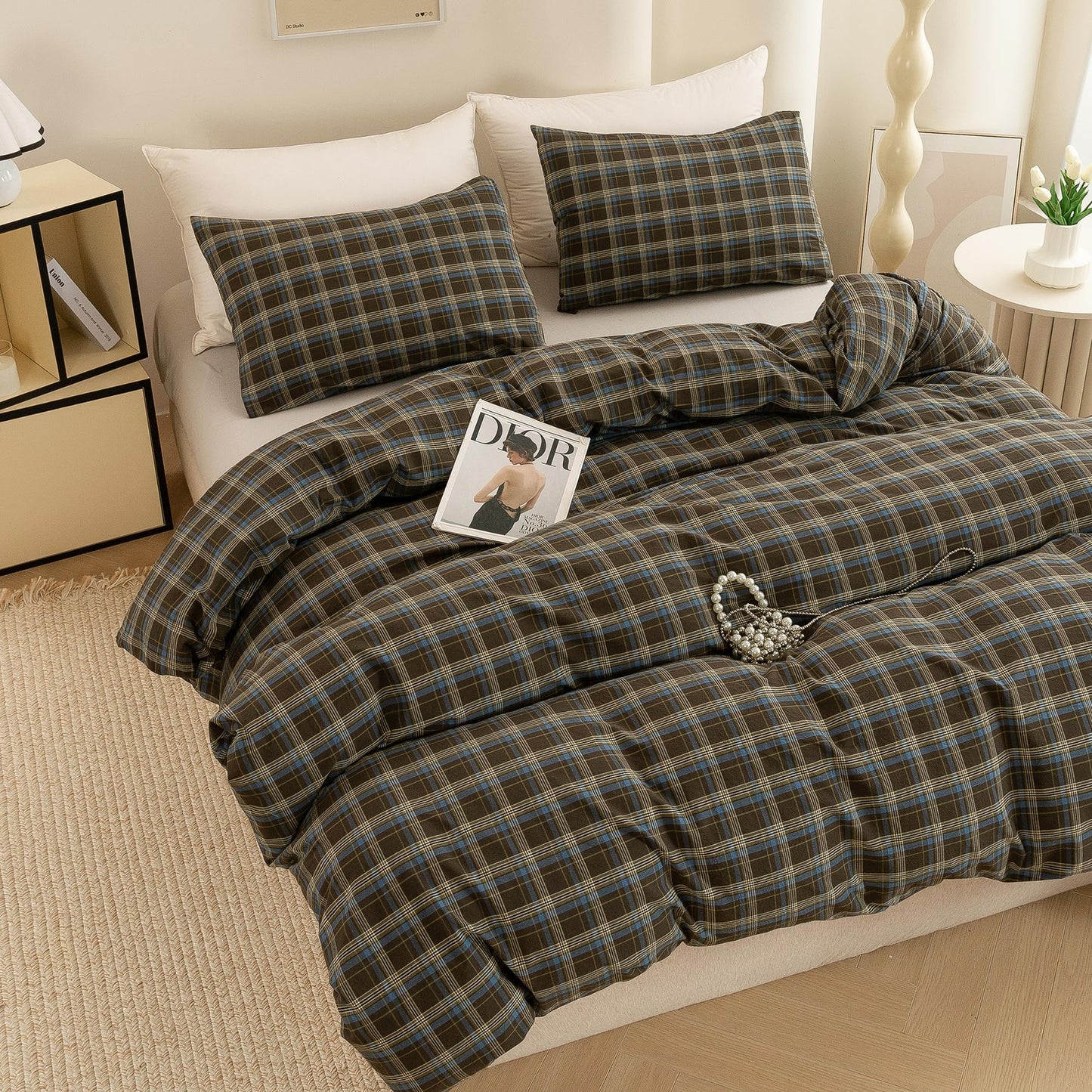 ECOCOTT Buffalo Plaid Duvet Cover Queen Size – 3 Piece Washed Cotton Brown & Blue Bedding Set, Soft & Breathable, Reversible Checkered Design with Zipper Closure & Corner Ties