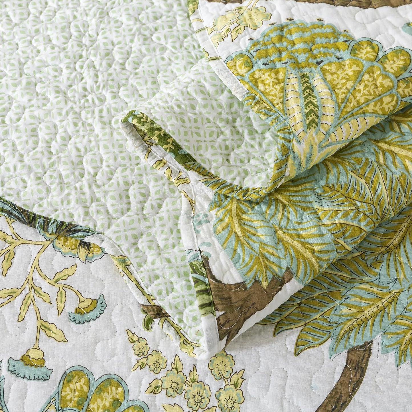 Travan 3-Piece Quilt Set Quilted Bedspread Cotton Coverlet Set Floral Oversized Quilted Bedding Set for All Season, White Vine, Queen Size