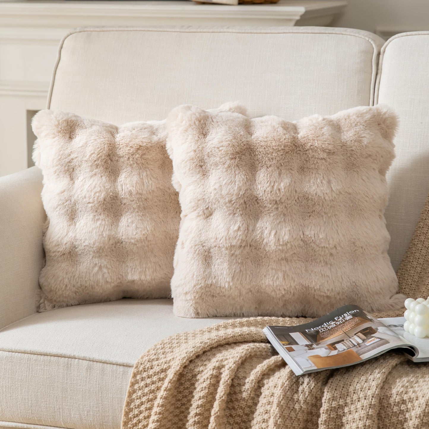 Joyouth Pack of 2 Thick Plush Throw Pillow Covers Fluffy Wave Faux Fur Decorative Cushion Covers Soft Wool Pillowcase for Sofa Couch Livingroom 16x16 Inch Beige