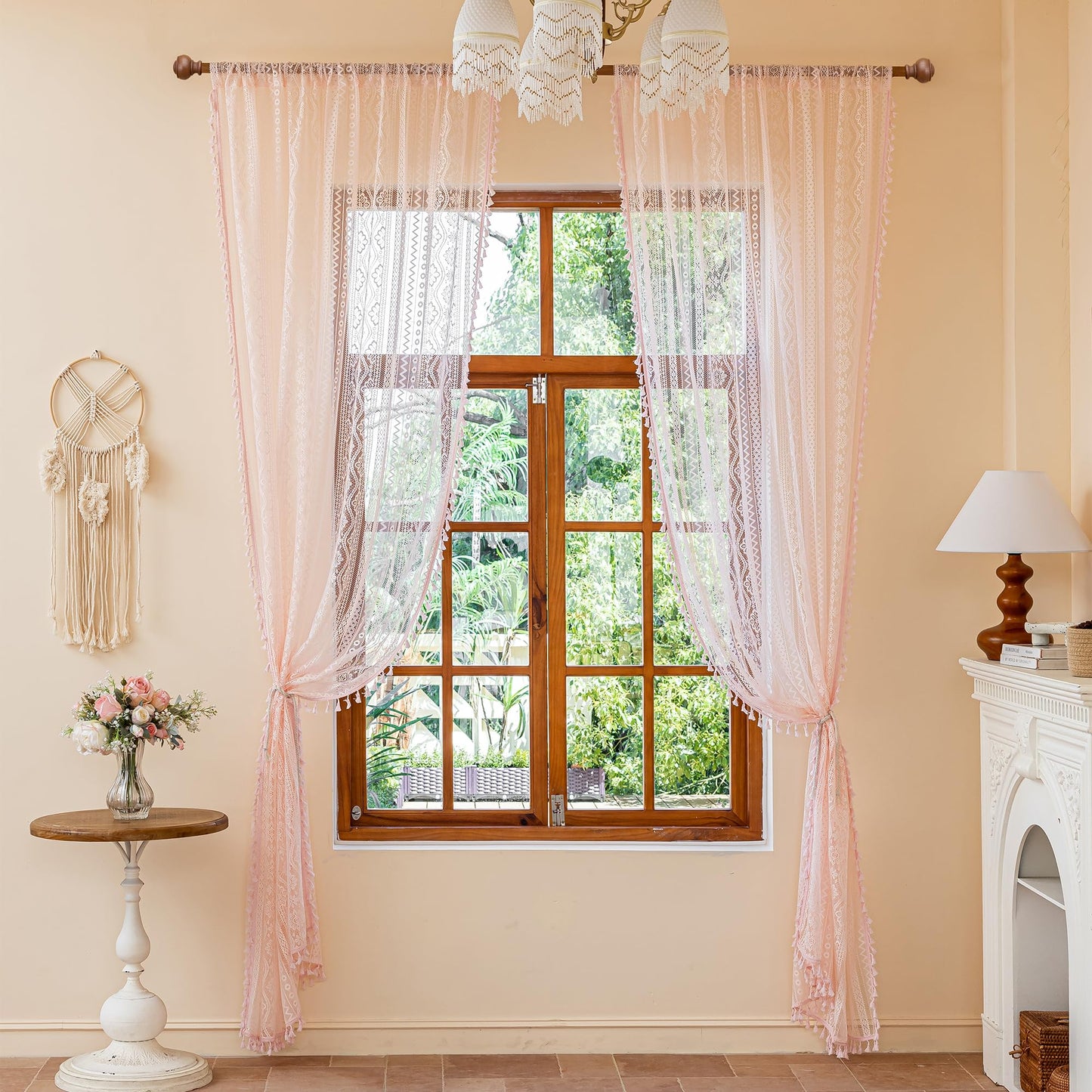 MYSKY HOME Pink Sheer Lace Curtains 2 Panels 63 inch Length for Girls Room Nursery Boho Vintage Floral Crochet Pattern Privacy Rod Pocket Tassels Small Windows Curtains, Wide 55 inch, 2 PCs