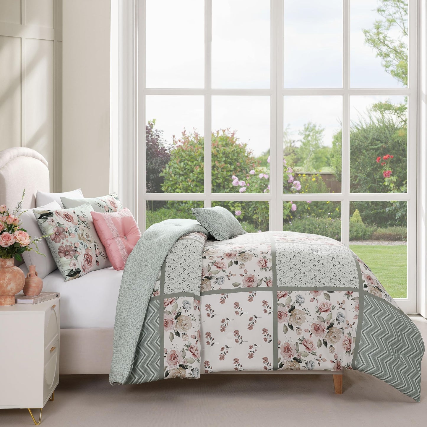 Bebejan Sage Serenity 5 Piece Reversible Comforter Set, 100% Cotton Sateen, 220 Thread Count, Bedding Comforter Set, 1 Comforter, 2 Shams & 2 Pillows (King/Cal King)