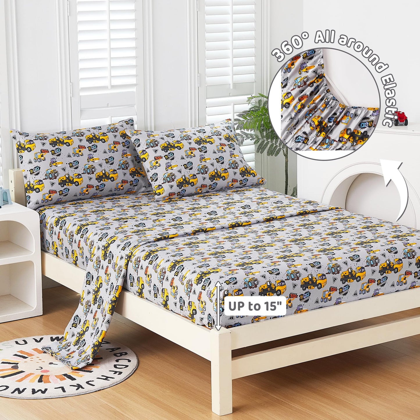 Viviland 3 Pieces Boys Grey Truck Twin Sheet Set - Soft Microfiber Fitted Flat Sheets & Pillowcase Bed Sheet Set - Heavy Duty Vehicle Print Bedding Sets for Kids