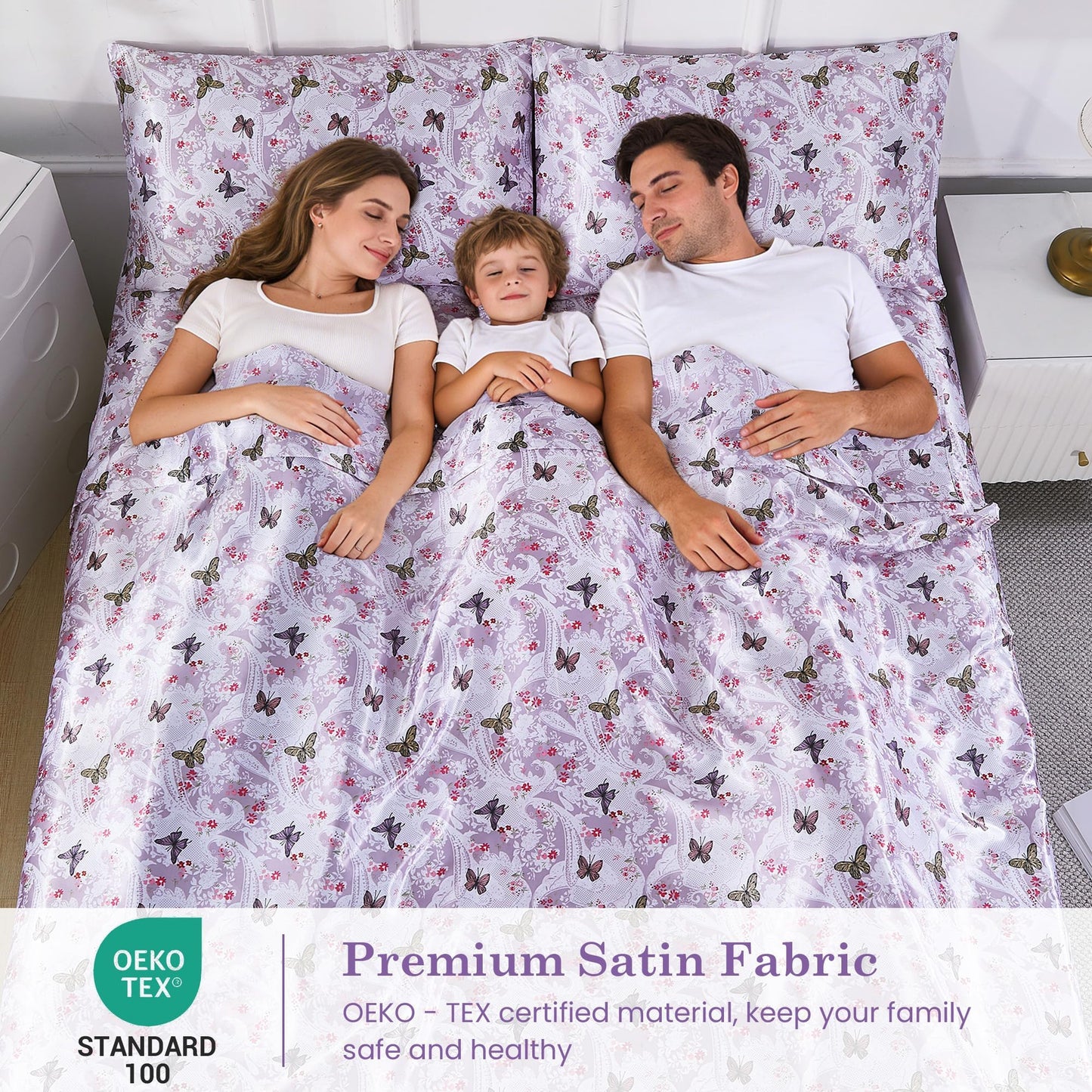 lasoftan Paisley Floral Satin Sheets Twin, Silky Butterfly Printed Fitted Bed Sheet with 15" Deep Pocket & Non-Slip Straps, Luxury Hotel Satin Summer Cooling Sheets & Pillowcase Set, Purple