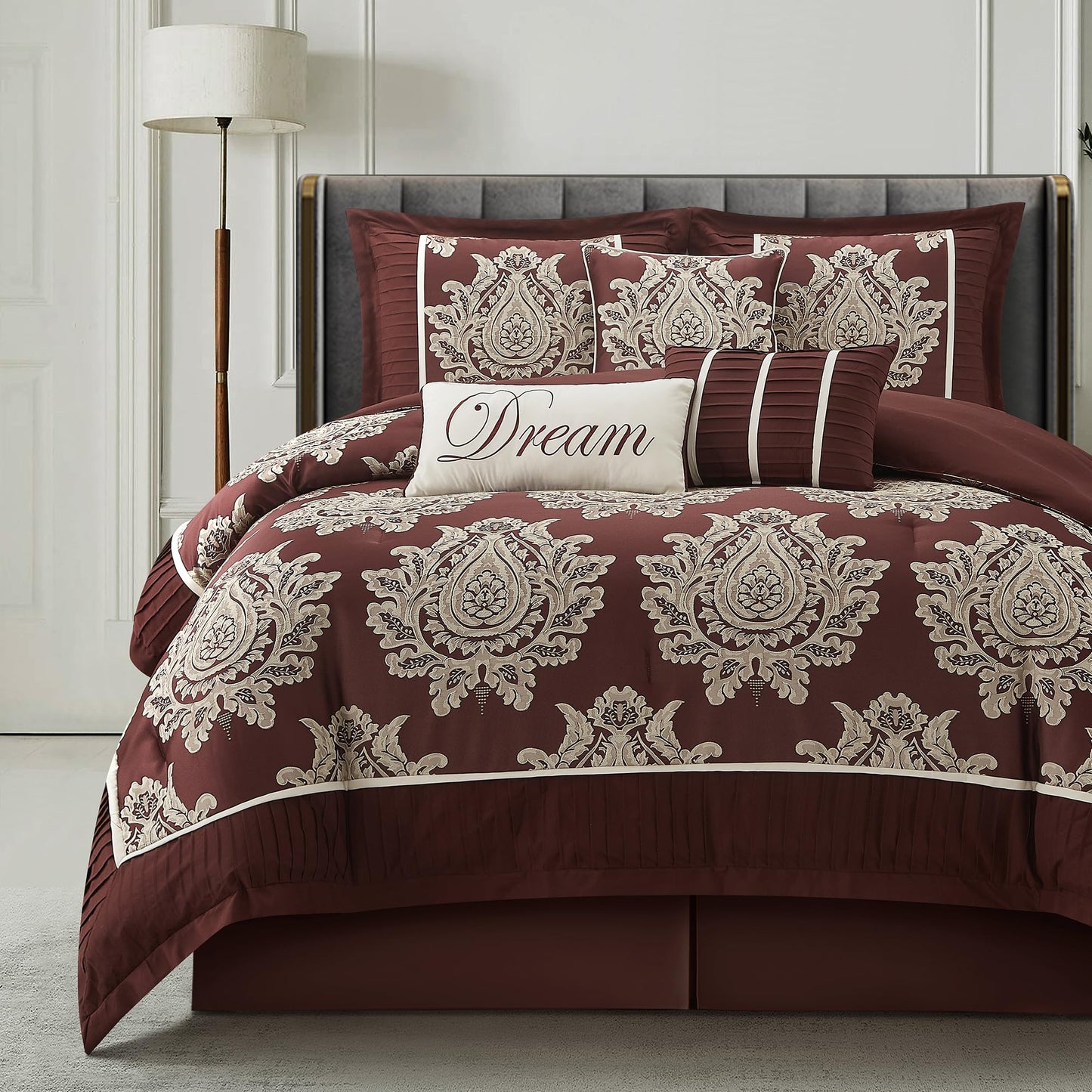 LANCO MODERN LIFESTYLE Burgundy King Size Comforter Set 7 Pieces, Jacquard Woven with Damask, Bedding Set in a Bag Includes Comforter, Bed Skirt, Pillow Shams, and Decorative Pillows