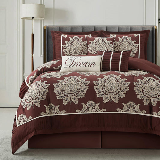 LANCO MODERN LIFESTYLE Burgundy King Size Comforter Set 7 Pieces, Jacquard Woven with Damask, Bedding Set in a Bag Includes Comforter, Bed Skirt, Pillow Shams, and Decorative Pillows