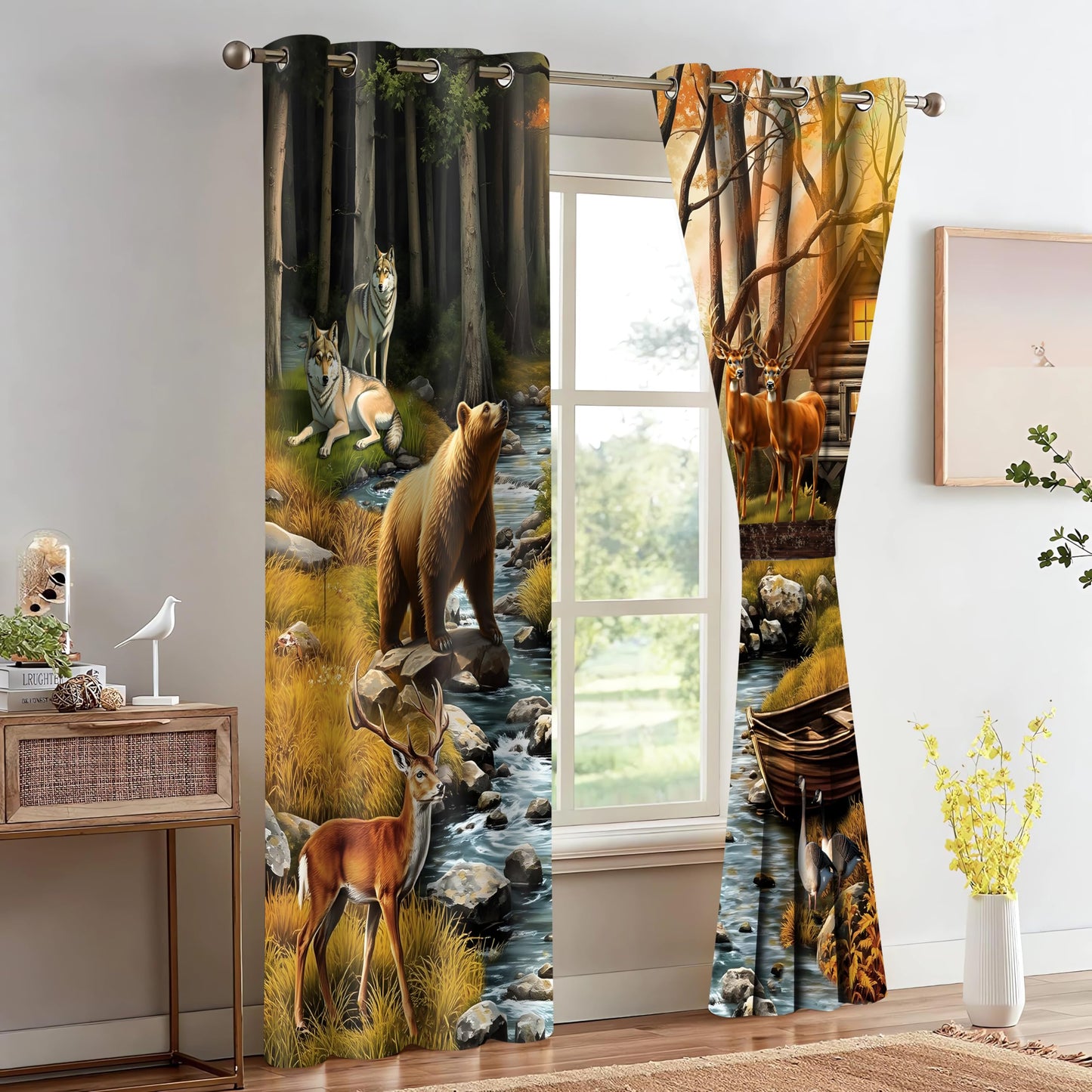 HIYSMT Rustic Cabin Wildlife Curtains,Bear Deer Dusk Forest Animal Blackout Curtain for Bedroom,5284inch Farmhouse Hunting Drapes for Room Decor 2Panel HI052YL