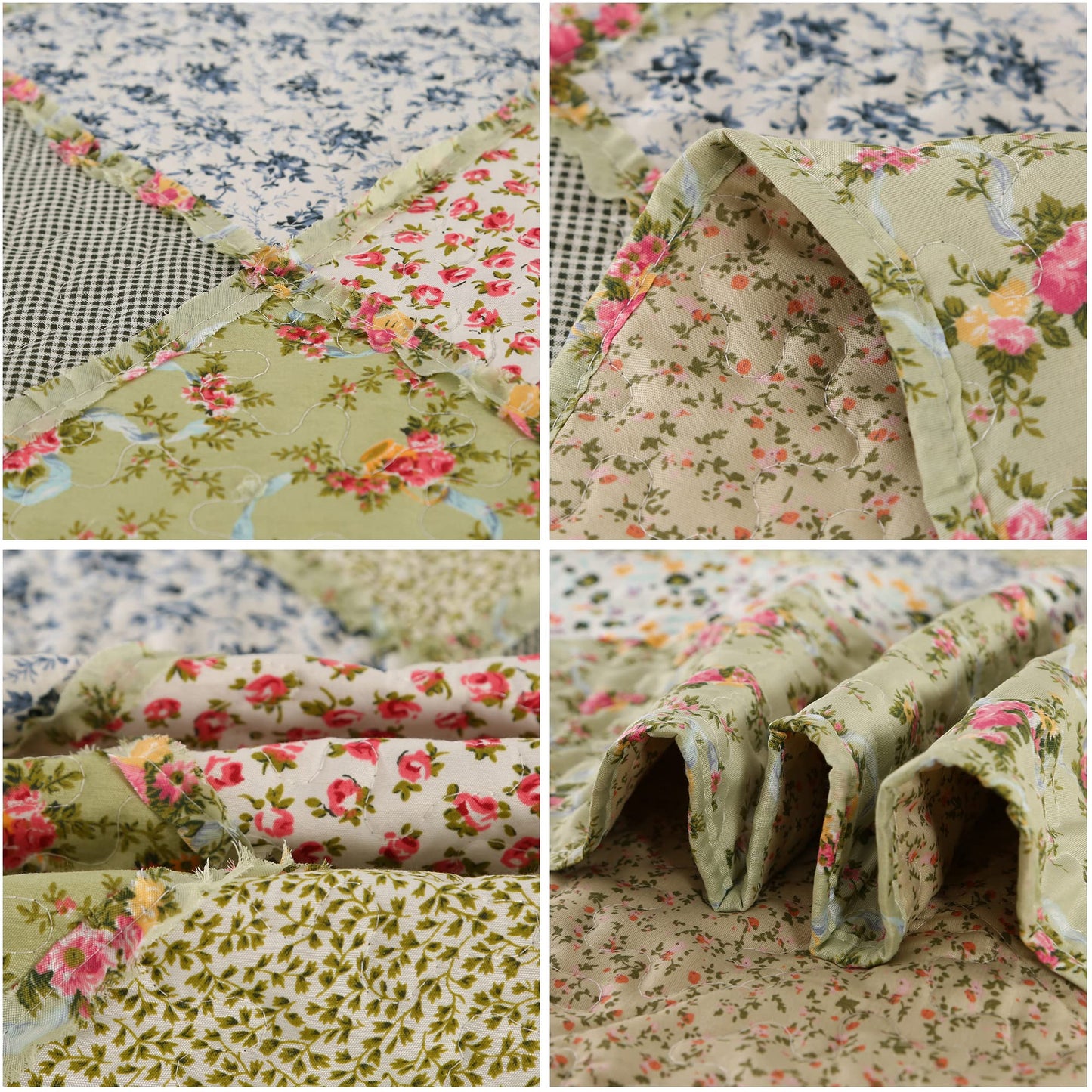 VIVILINEN Full Queen Size Green Patchwork Quilt Set Reversible Quilted Bedspread Coverlet Set 3-Piece Floral Lightweight Comforter Stitched Bedding Set Bed Sheet Set Cover Blanket with 2 Pillow Shams