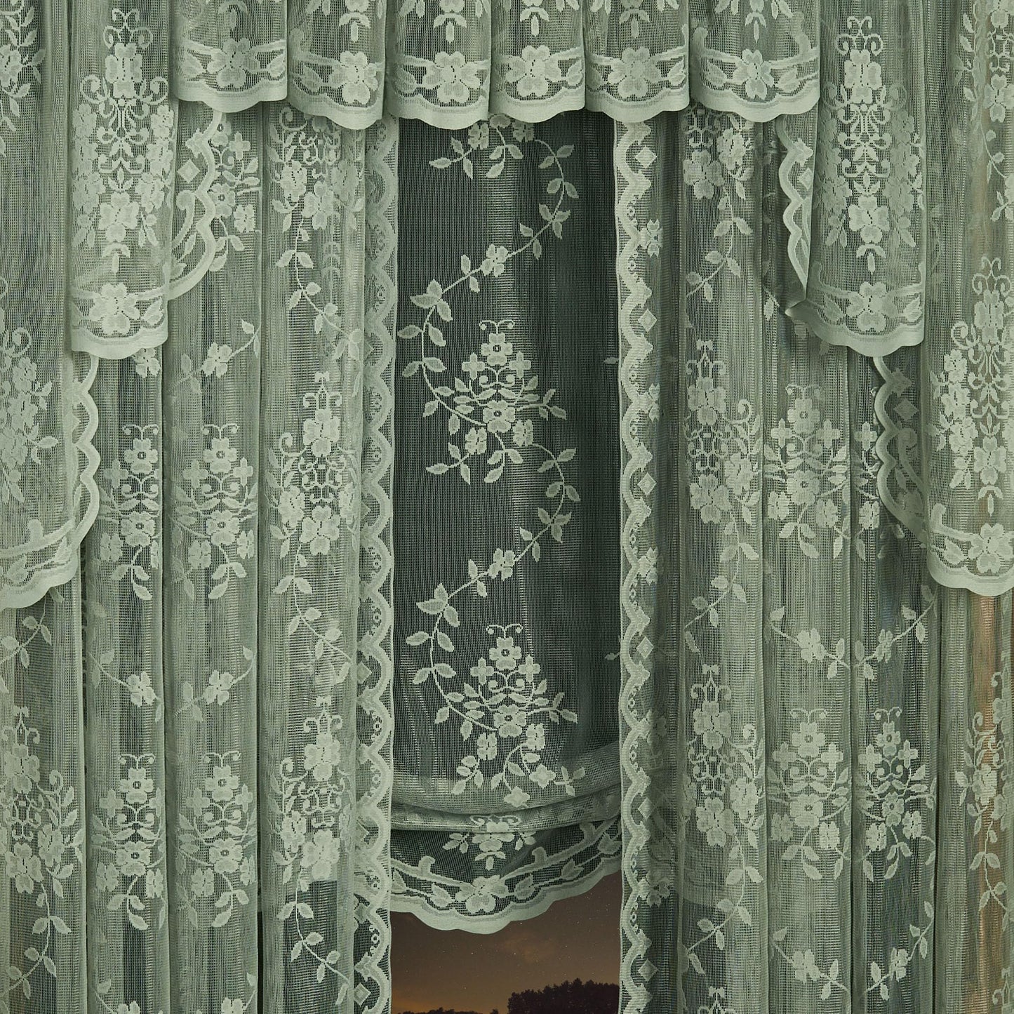 Luxury Sheer Polyester Fiona Lace Window Treatment | 5 Piece Set: Balloon Shade, 38L Swag Pair, 95L Panels, Insert Valance | Timeless Classic Traditional | Sage Green | Rod Pocket | Machine wash