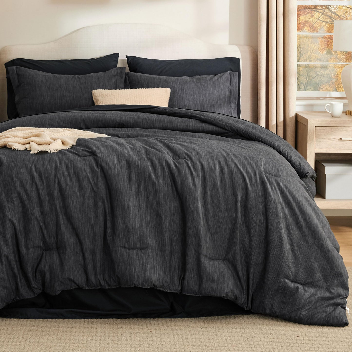 Bedsure King Size Comforter Set Black - Bed in a Bag King Bedding 7 Pieces, Cationic Dyed Bed Set Gift for Family, Black Soft Bedding for All Seasons Comforter with Sheets, Pillowcases & Shams