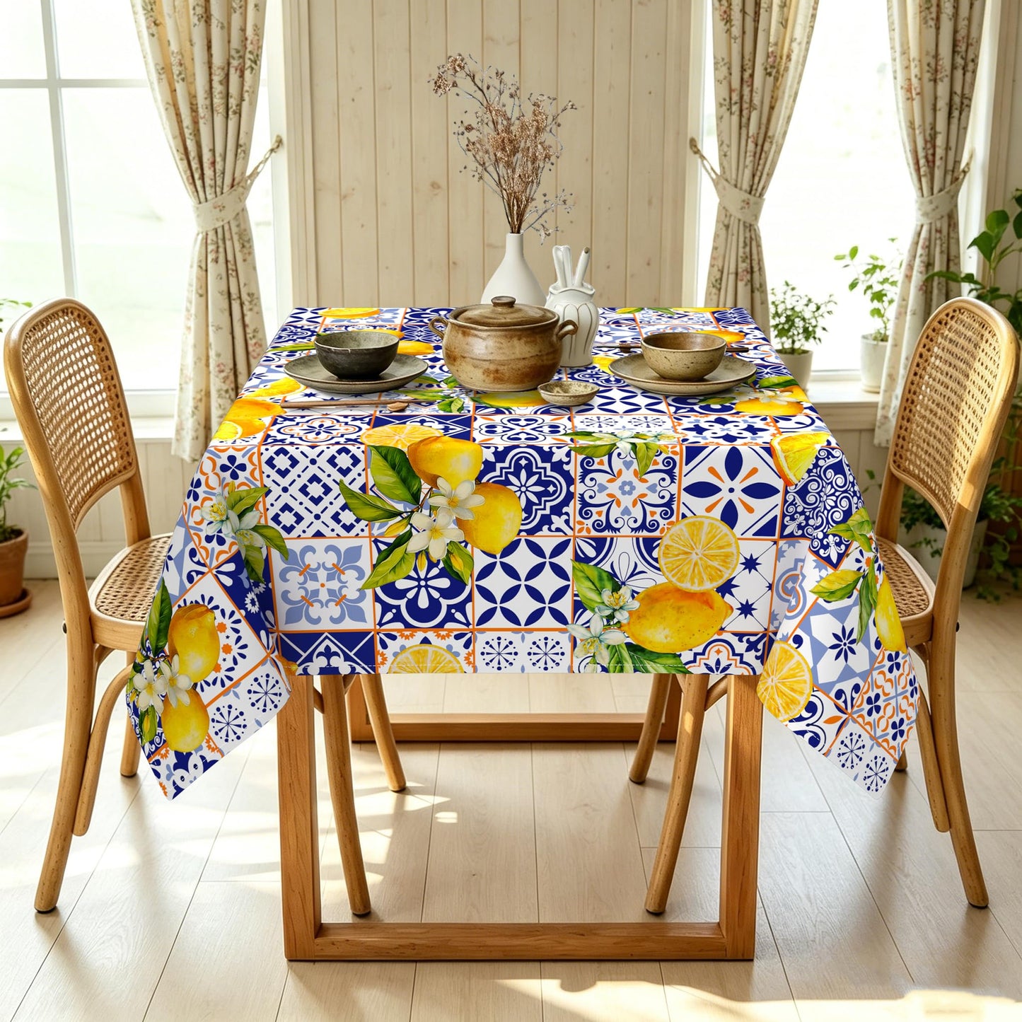 Yighty Square Lemon Tablecloth 70x70 Inch,French Lemon Blossom Spring Summer Tablecloth, Waterproof Wrinkle-Resistant Washable Rectangular Tablecloth for Picnics, Party, Camping and BBQ