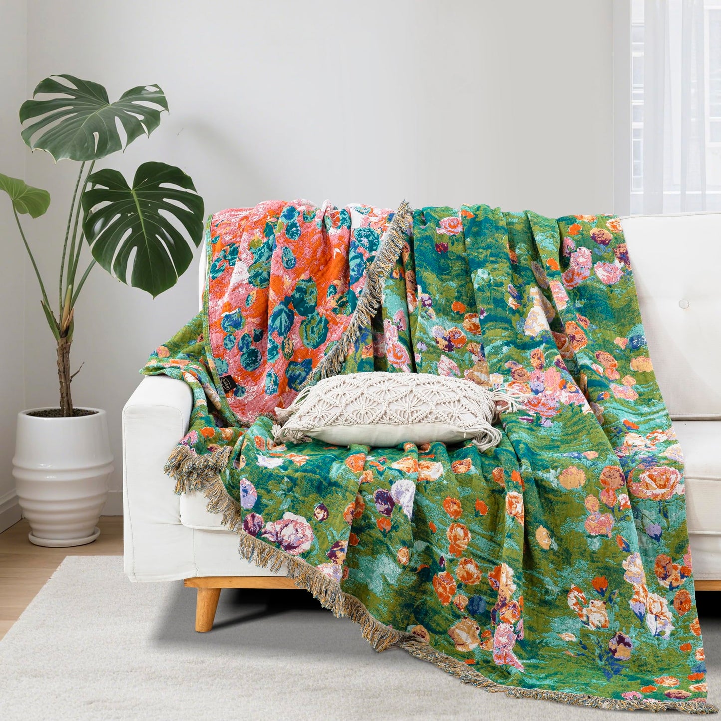 BRYALIX 100% Cotton Muslin Floral Blanket, Super Soft Throw Green for Couch, Bed Chair Quilt Travel Blankets, Reversible Jacquard Fall Coverlet, Lightweight Boho Farmhouse Picnic Blanket, 60"x80"
