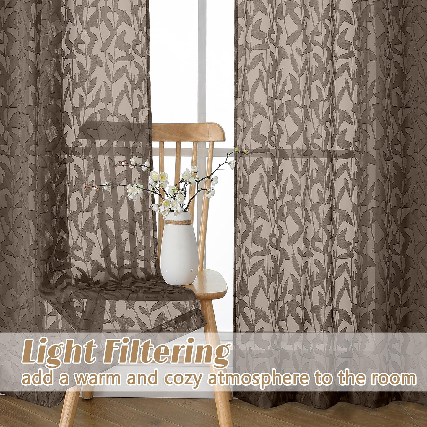 Gwine Chocolate Brown Curtains 84 Inches Long 2 Panels Set, Light Filtering Soft Lightweight Sheer Curtains, Leaf Clip Jacquard Textured Curtain for Bedroom Living Room, 42Wx84L Inches, 2PCS