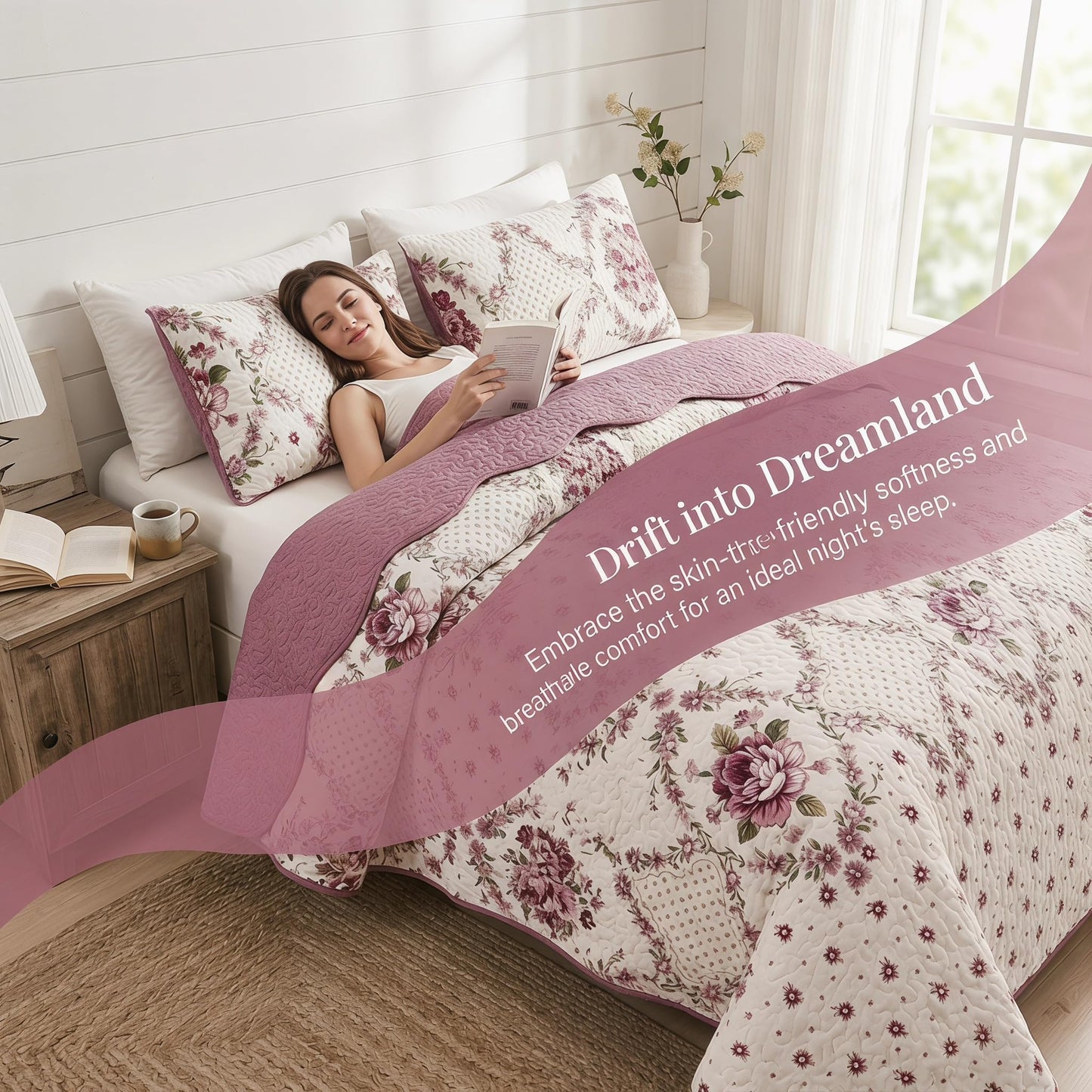 Boho Purple Rose Floral Quilt Set King Size, 3 Piece Lightweight Summer Bedding Set with 2 Pillow Shams, Soft Reversible Microfiber Bedspread, Farmhouse Coverlet for All Season (Purple Rose, King)