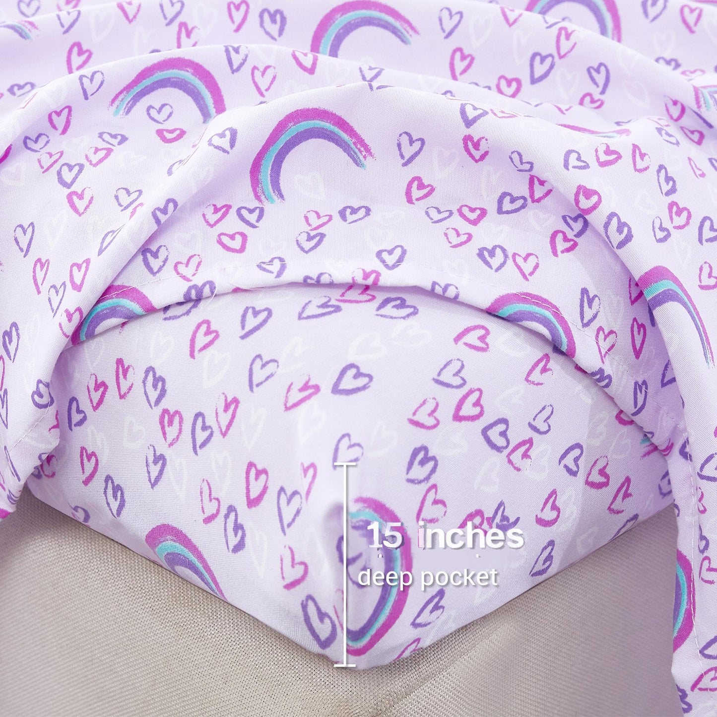 Softan Kids Bed Sheet Set, 3-Piece Twin Sheets Set, Microfiber Fitted Sheet with 15 Inches Deep Pocket and Corner Straps, Breathable & Silky Soft Purple Love Rainbow Pattern Sheet and Pillowcase Sets
