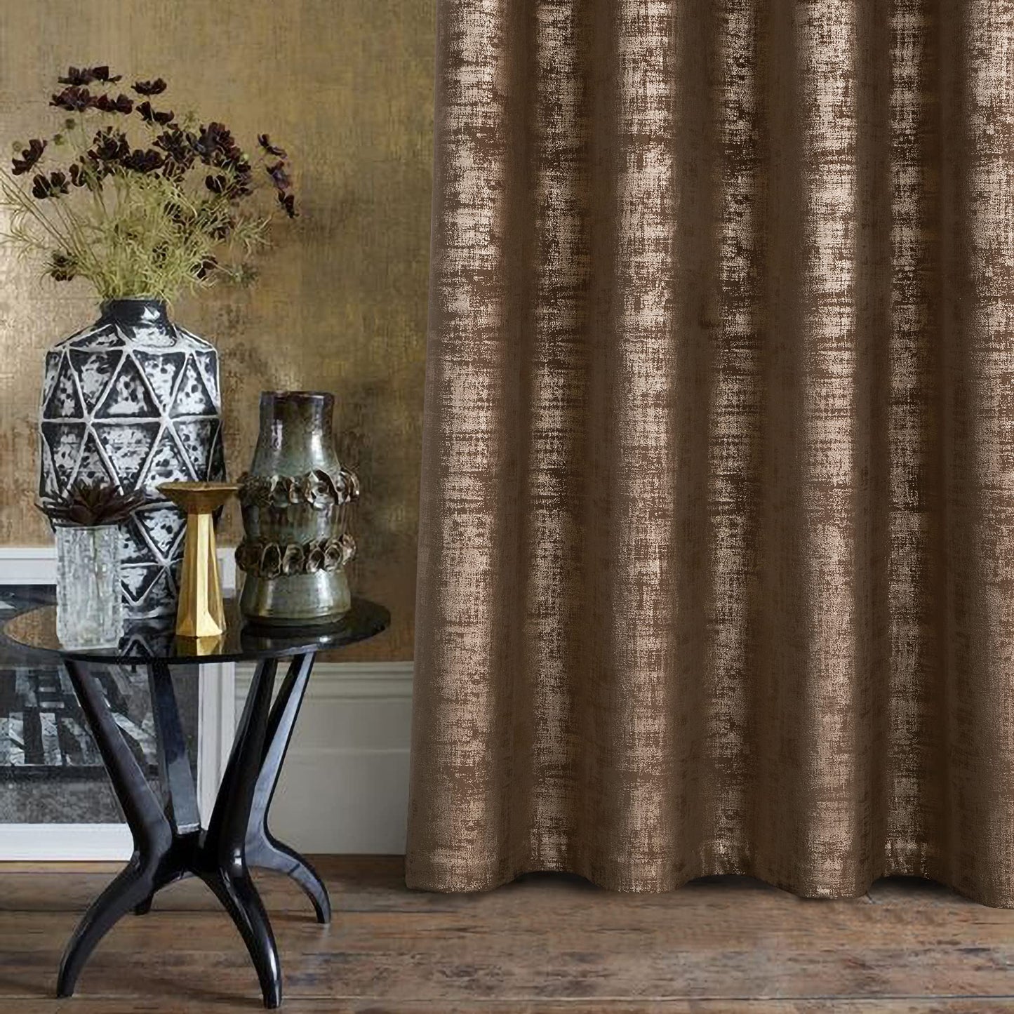 always4u Mocha Soft Velvet Curtains 95 Inch Length Luxury Bedroom Curtains Gold Foil Print Window Treatments for Living Room Bedroom Set of 2