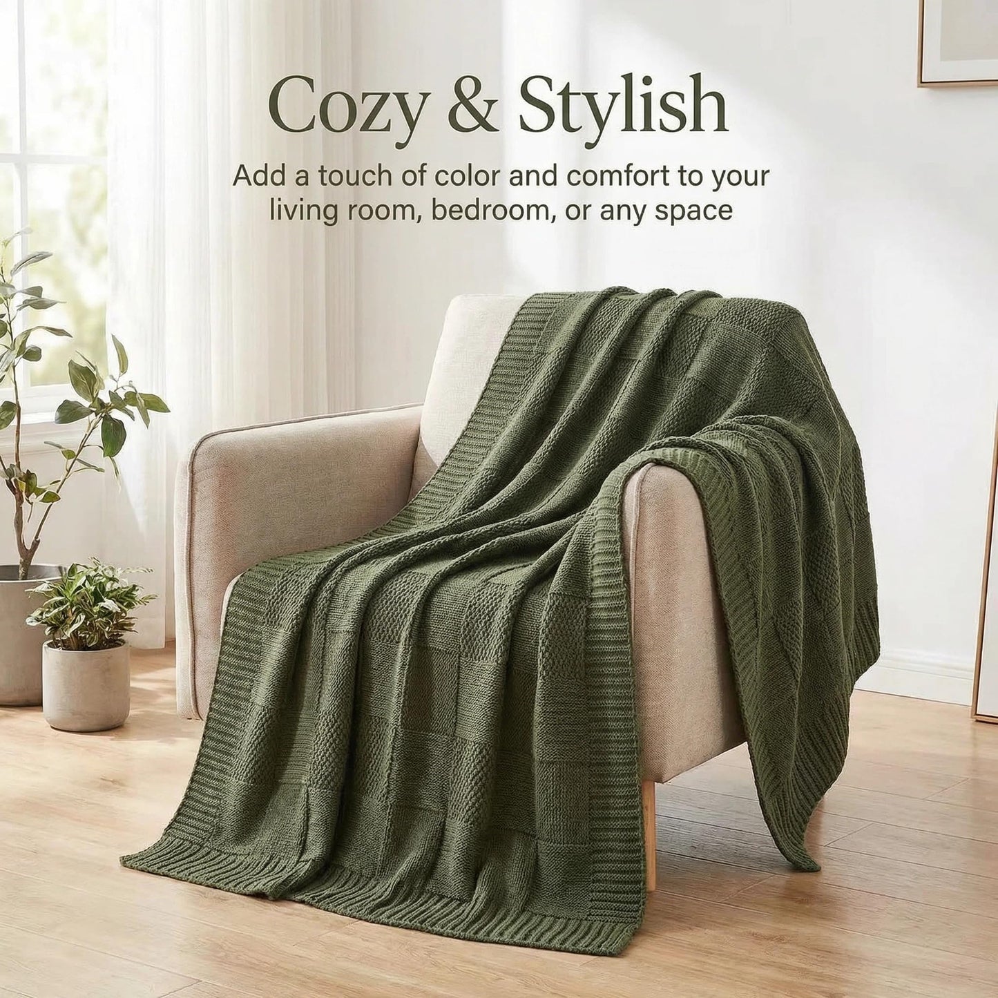 Ovelindra Checkered Knit Throw Blanket, Olive Green 50x60 Inches, Soft Warm Knitted Blanket for Couch, Sofa, Bed, Living Room, Bedroom, All Season Decorative Home Throw, Cozy Gift Blanket