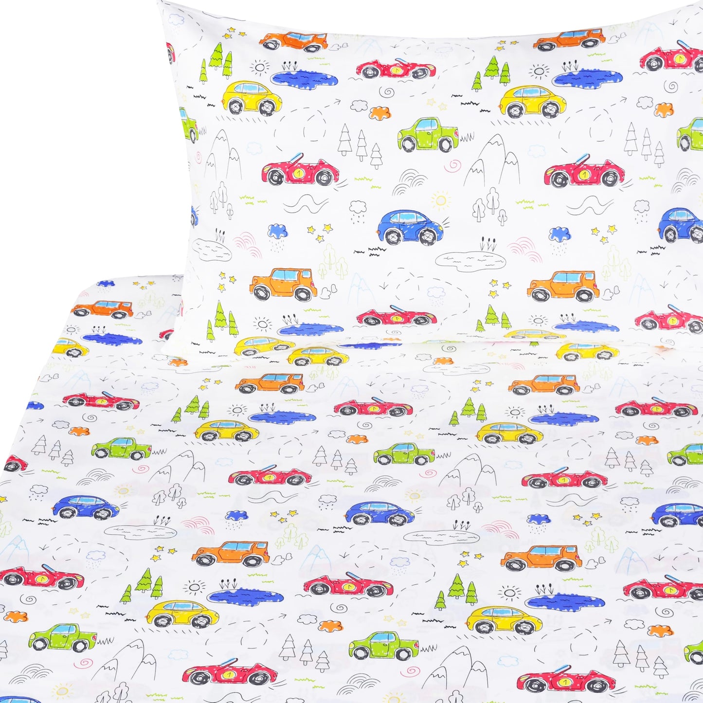J-pinno Colourful Cars Trees Lakes Hills Trave Journey Cute Cartoon 100% Cotton 3 Pieces Twin Sheet Set for Kids Girls Boys Children Flat Sheet + Fitted Sheet + Pillowcase Bedding Decoration Gift Set
