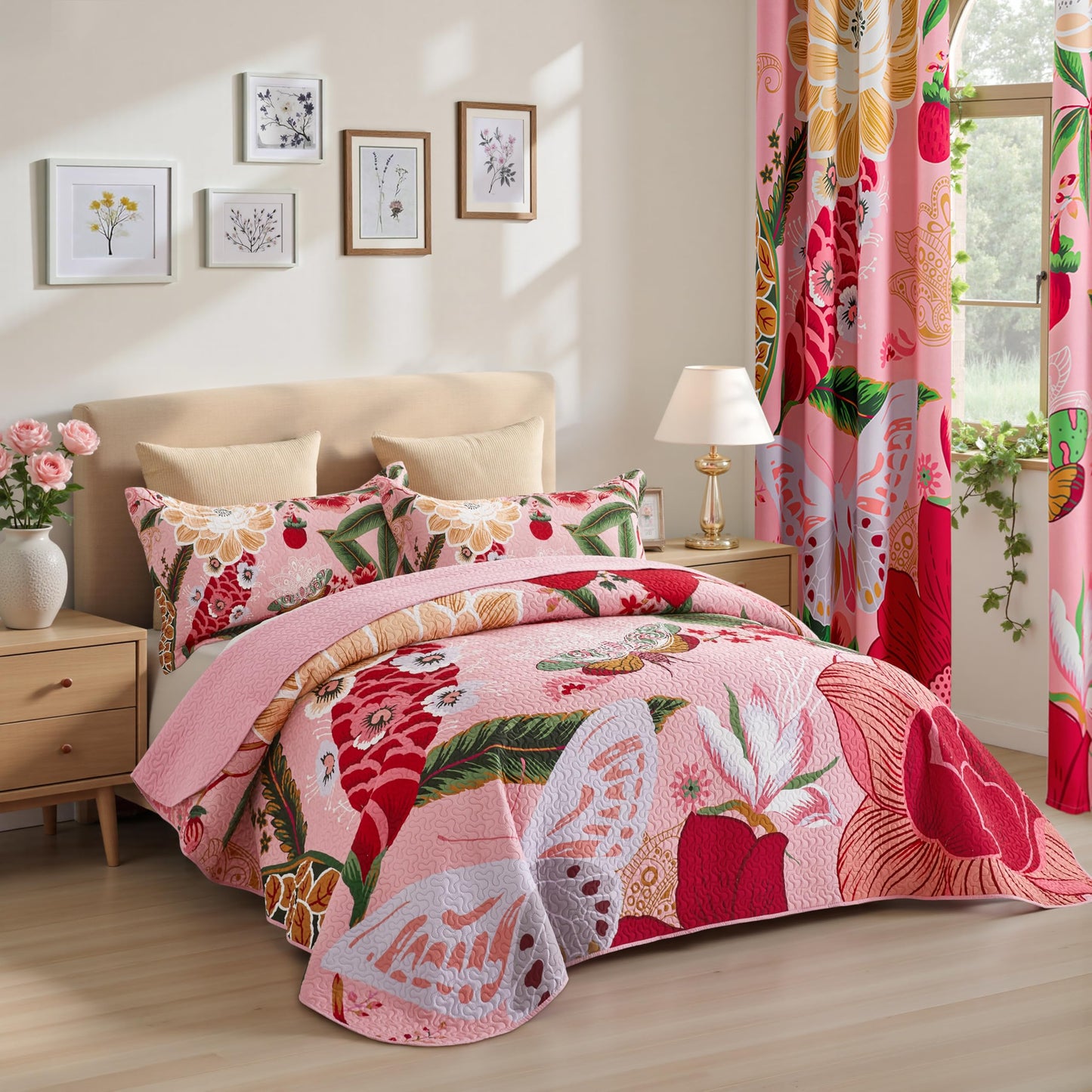 Tyrot 3 Piece Pink Boho Floral Full/Queen Quilt Sets Farmhouse Botanical Reversible Lightweight Bedspread with 2 Shams Butterfly Microfiber Bedding Quilts Set for All Season, 90''x96''