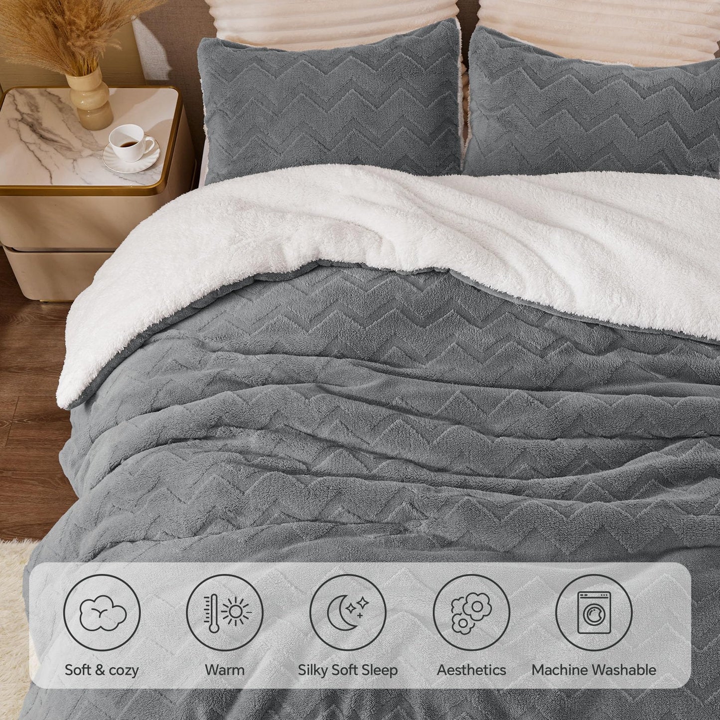 BEDELITE Fluffy Queen Comforter Set - Super Soft Sherpa Grey Comforter for Queen Size Bed, Luxury Warm Bedding Set for Winter, Fuzzy Bed Set 3 Pieces (1 Comforter, 2 Pillowcases)