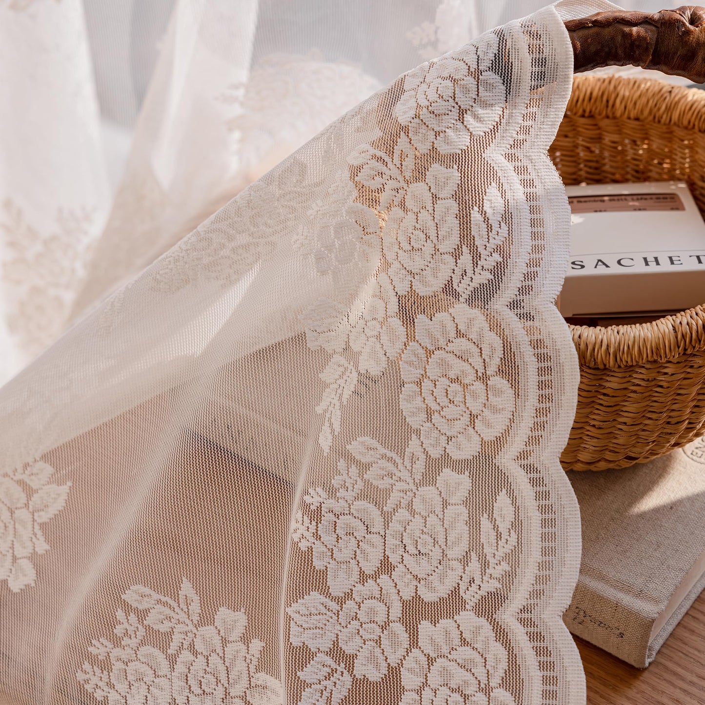 Ivory Lace Curtains 90 Inch Long Vintage Rose with Scalloped Edges Semi Sheer Privacy Curtain Drapes for Living Room, Bedroom Cream Lace Window Curtains with Rod Pocket, 57"W x 90"L, 3 Panels