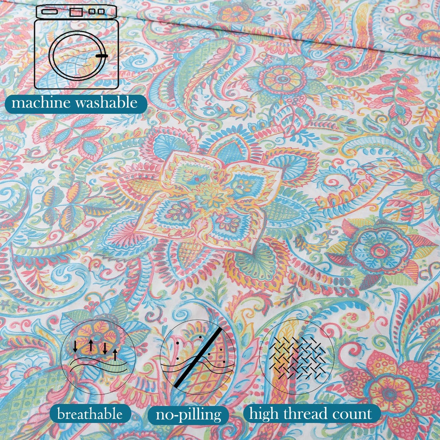 Zusbest Queen Size Bed Sheet Set 100% Cotton Pink Green Paisley Floral Sheets Watercolor Bedding Luxury Soft Breathable Crispy Cooling Percale Sheets 17.5 Inches Deep Pocket Sheets Queen, 4 Pieces