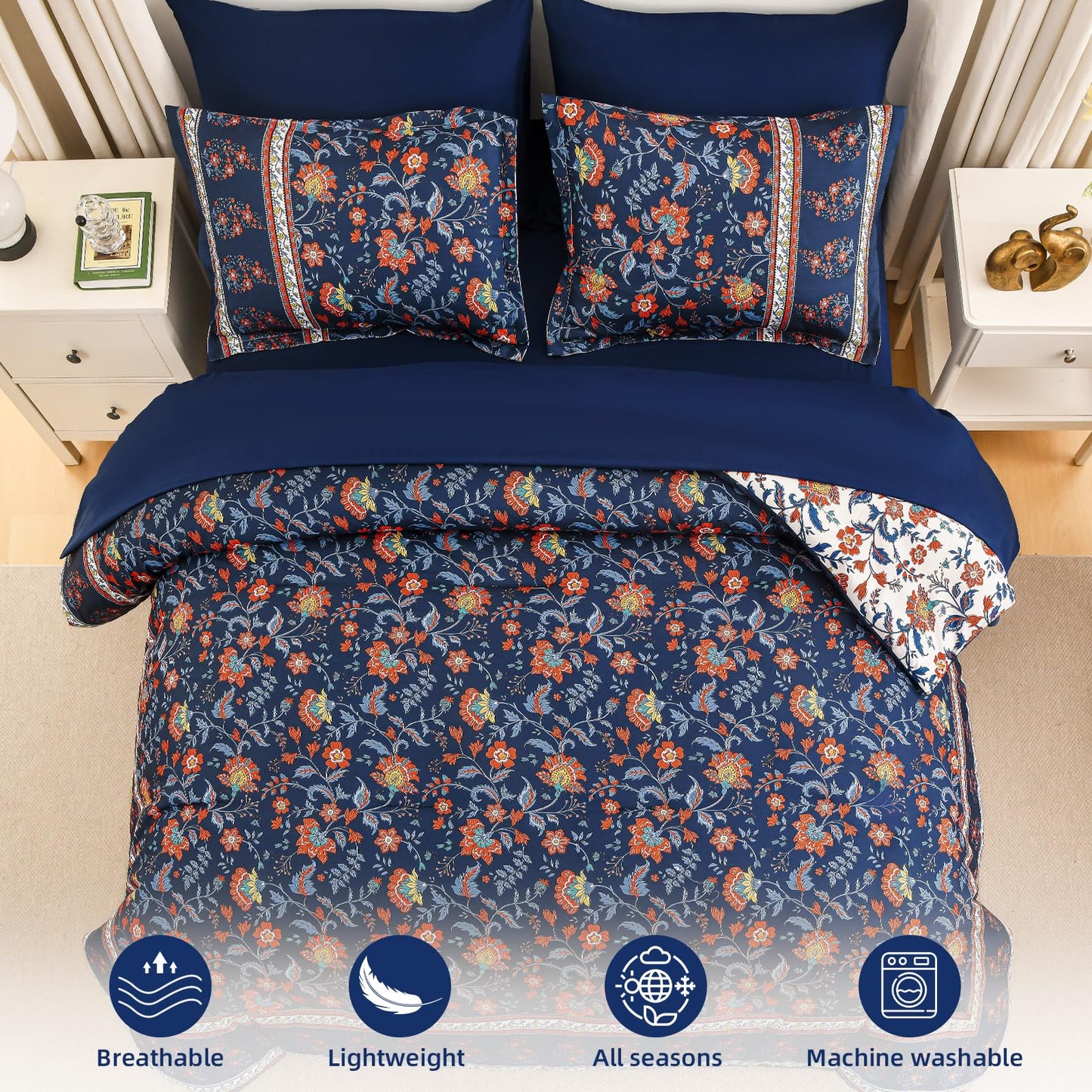 Dinjoy Boho Comforter Set Queen,Navy Bedding Paisley Floral 7 Piece Bed in a Bag Reversible Lightweight Bohemain Comforters with Sheet Sets for All Season