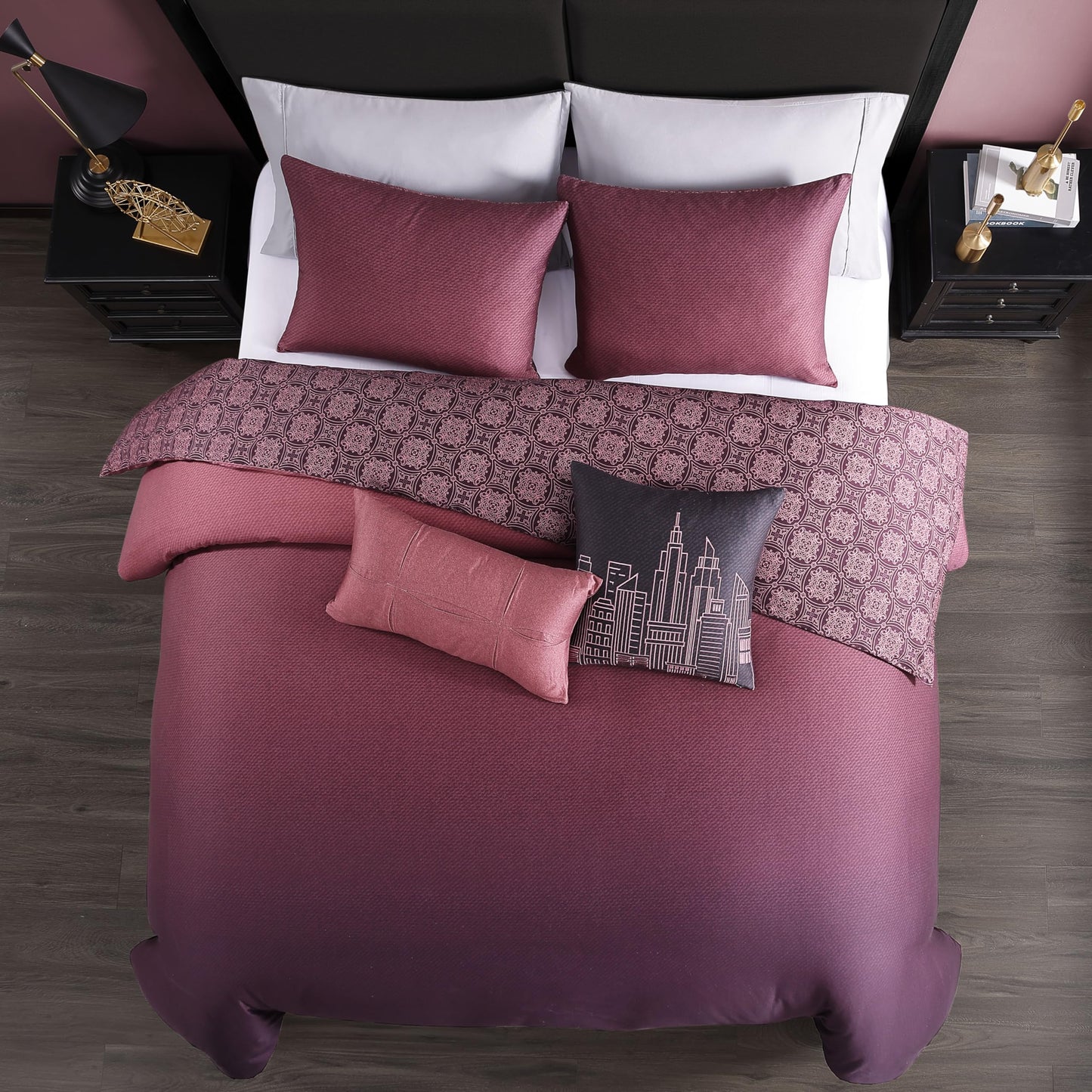 Bebejan Mauve Dreams 5 Piece Comforter Set, 100% Cotton Sateen, 220 Thread Count, Textured Reversible Bedding Comforter Set, 1 Comforter, 2 Shams & 2 Pillows (King/Cal King)