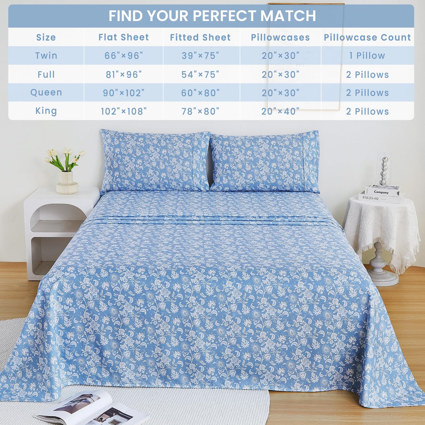 Mooreeke Cozy Vintage Microfiber Printed Full Sheet Set - Soft & Breathable Percale Blue Paisley Bed Sheets with Extra Deep Pocket - Non-Slip Fitted Design - Blue Flower Pattern - Full